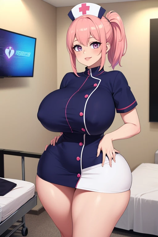 pelo rosa, pelo color rosa intenso, pink hair, ojos azules intenso, ojos color azul, intense blue eyes, electric blue eyes, blue eye color, labios enormes, labios hinchados, ponytails hairstyle, ponytails, pechos grandes, pechos enormes, Figura de reloj de arena, (cintura estrecha), confianza, superioridad, bratty, brat, malcriado, bully, muslos gruesos, pendientes, arriba, diafragma, sonrisa, medio plano, evil sonrisa, sudoroso, cara de gemido, nurse, sexy nurse, nurse dress, white skirt, big tits, from the front, in a hospital room (beds, tv, biombo, global ilumination), big breasts, grande culo , big hips, front