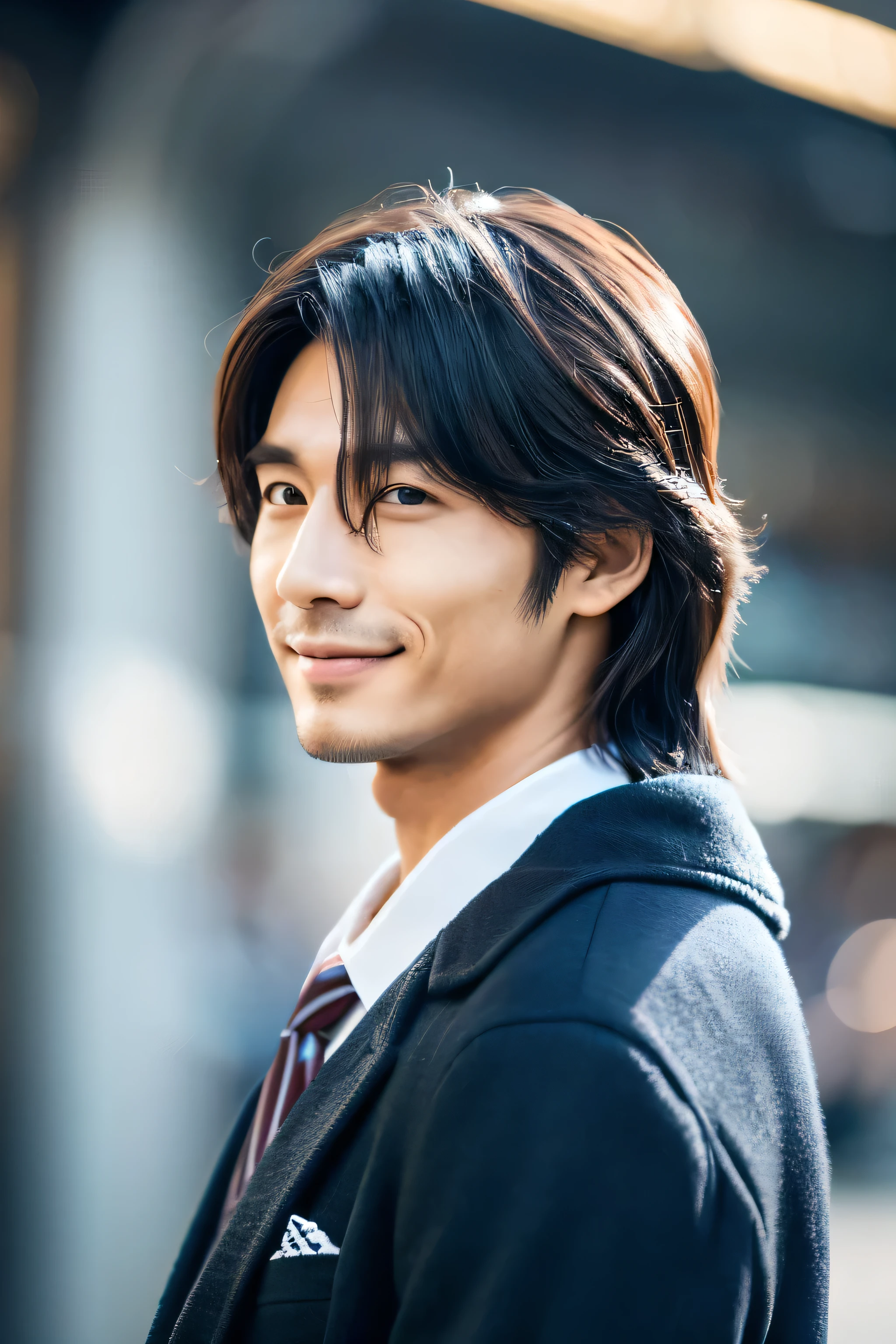 (Perfect quality, 8k, Masterpiece :1.3), 1man, A Japanese individual blending features of Koichi Domoto, Daisuke Sakuma from Snow Man, and the Thai actor Bright: 1.3, Medium-length hair with a slight wave: 1.2, Fashionable business attire: 1.2, Deep-set eyes with a hint of mischief: 1.2, Strong jawline and pronounced cheekbones: 1.2, Smile suggesting maturity and charisma, Age 20-25, Standing in a bustling cityscape, (Exuding confidence and charm)
Or,