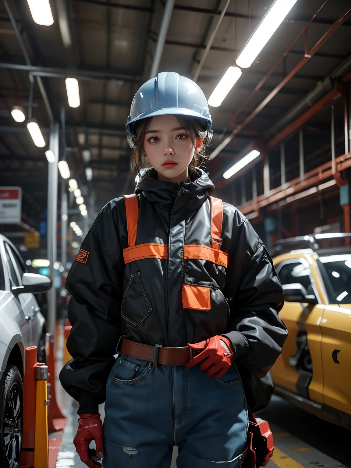 An illustration of an industrial robot that performs automatic welding in a large automobile factory. A young female worker with a helmet stands in front of her