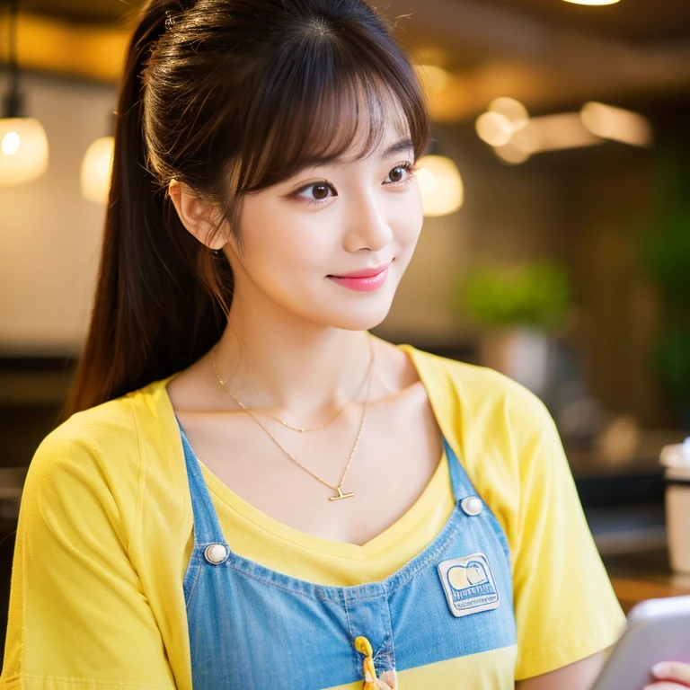 UHD, Close-up photo of a cute Korean woman,Chest size 39 inches, ponytail, Wear a yellow T-shirt., necklace, With a mobile phone in a coffee shop, 8k photos, Shot with a high quality Fuji 45 camera.,000,000 pixels, realistic light colors,)