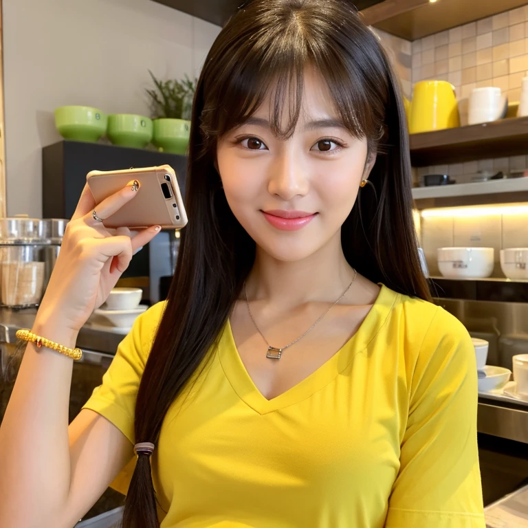 UHD, Close-up photo of a cute Korean woman,Chest size 39 inches, ponytail, Wear a yellow T-shirt., necklace, With a mobile phone in a coffee shop, 8k photos, Shot with a high quality Fuji 45 camera.,000,000 pixels, realistic light colors,) 