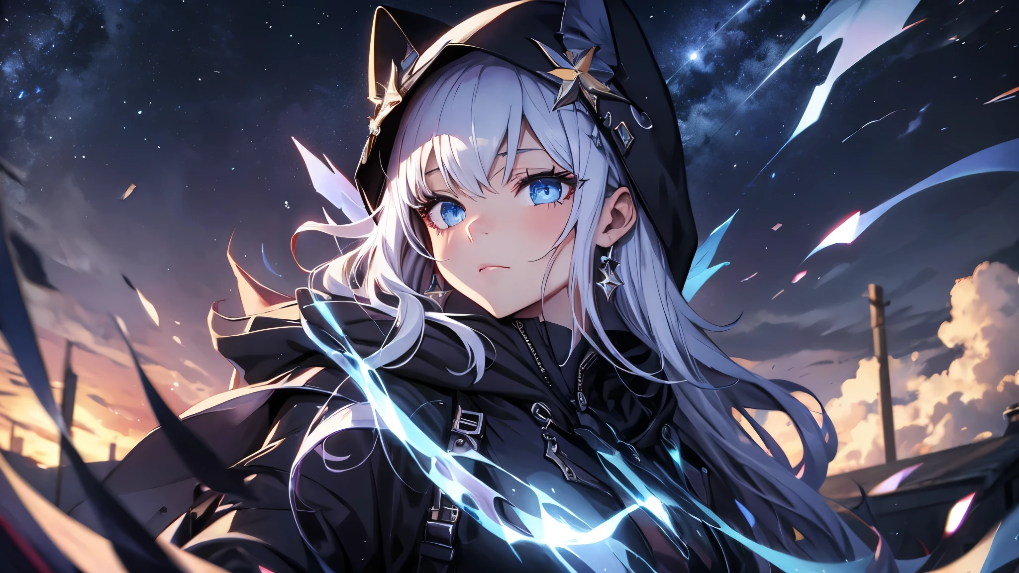 最high quality、Best image quality、masterpiece、 Girl((Wearing a hood、Black hoodie with open chest、Black Skirt、18-year-old、 Agel、Best Bust、Large bast,Beautiful light blue eyes, Long golden hair、Slender,Great Valley、Show the whole body、lol、最好的微lol、With red cheeks、Stare at、Eyes sparkle、peace sign)),high quality、Beautiful art、background((On the roof、Beautiful shooting stars、Yuki))masterpiece、Depth of written boundary,