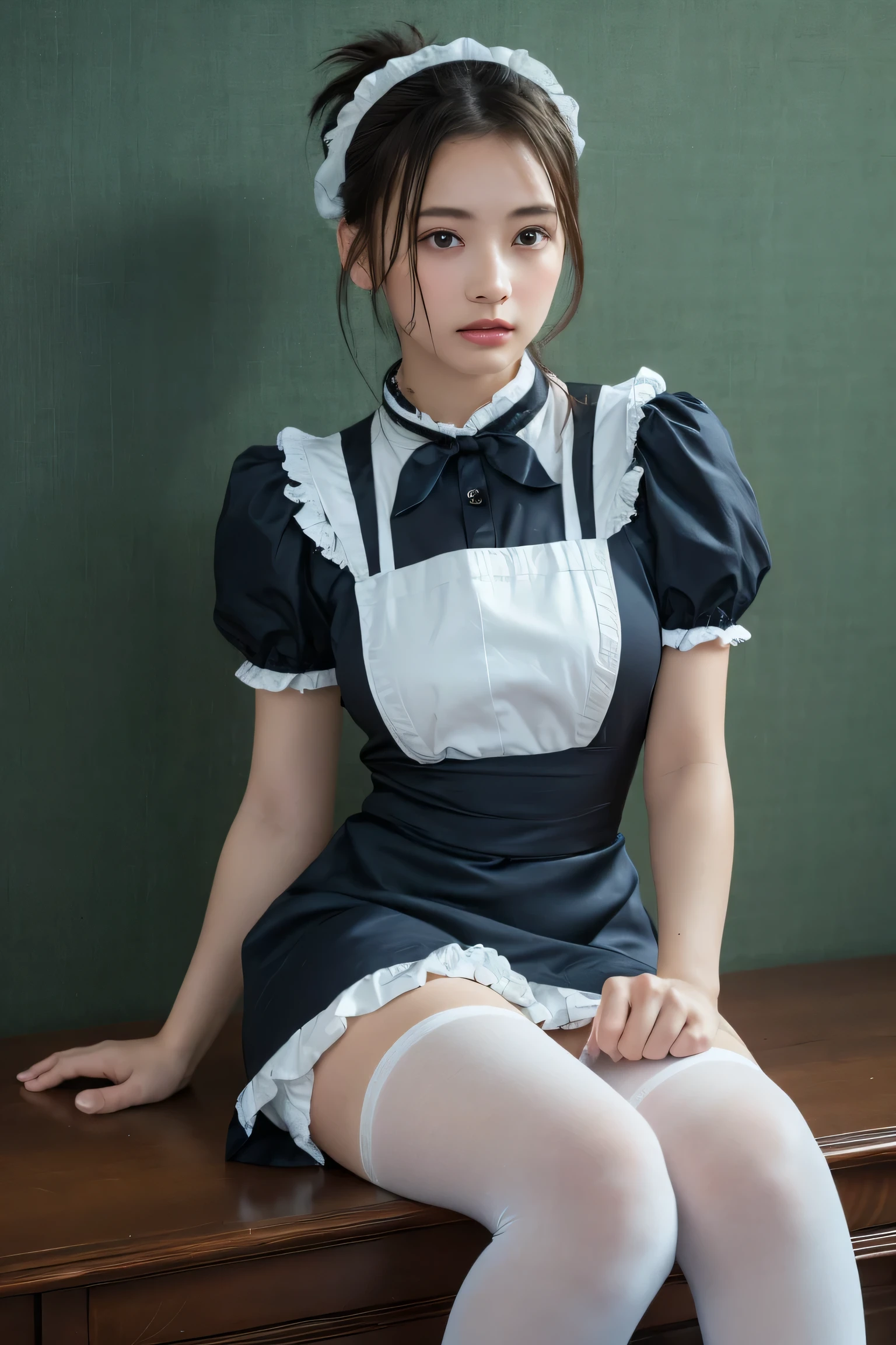 highest quality, masterpiece, Ultra-high resolution, (Realistic: 1.4), RAW Photos, 1 girl, British maid, Ruffled Maid Headband, ponytail, Braided hair, Victorian style black dress, Ribbon tie, White apron, Long skirt, Puff sleeves, White silk stockings, Black strap shoes, Glowing Skin, Stand politely with your legs straight, Corridor with dark green and gray wallpaper, Sitting in a stately mansion