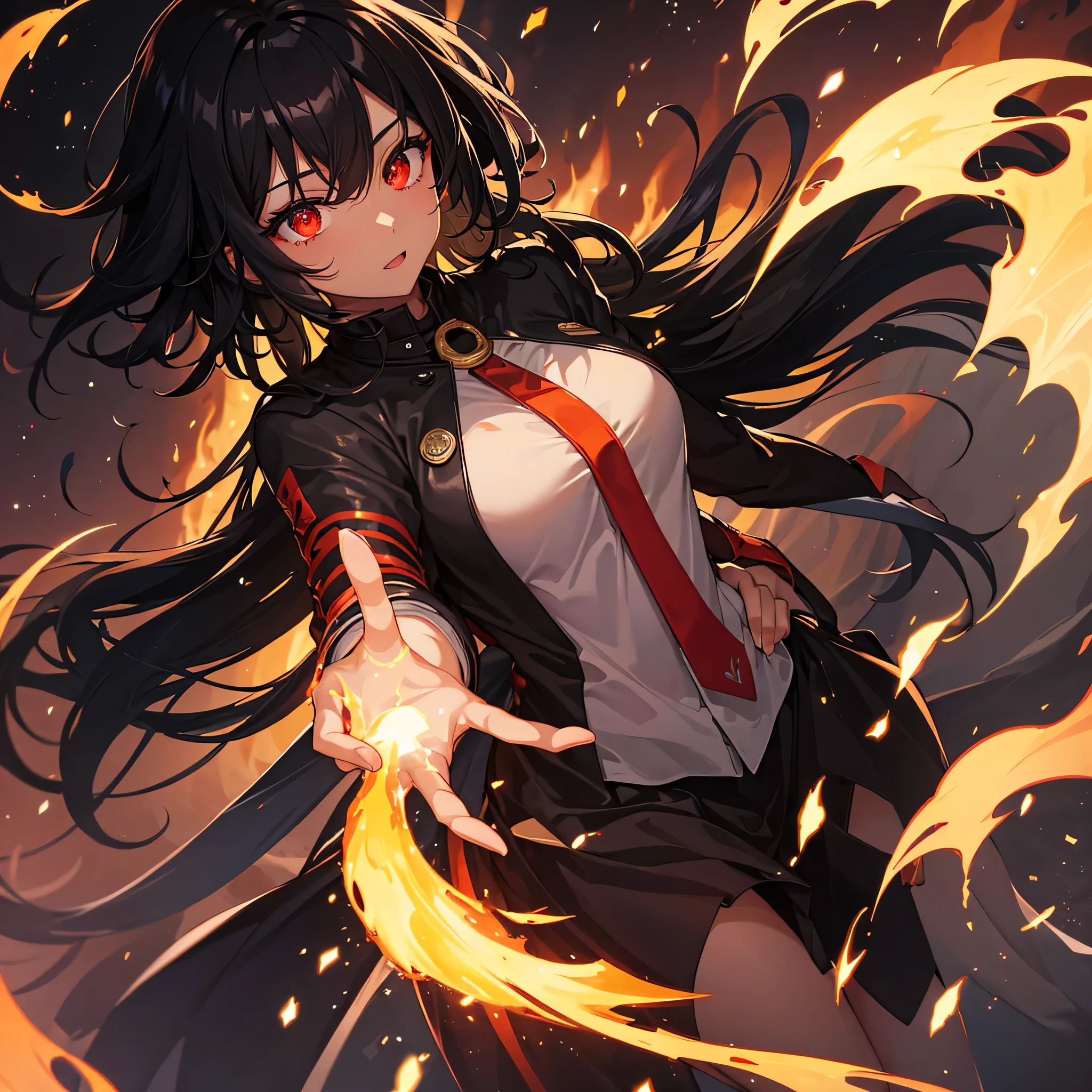 Black Girl, Black hair With Fire On ends, Fire swirling around her, Red Eyes, Hands Glowing