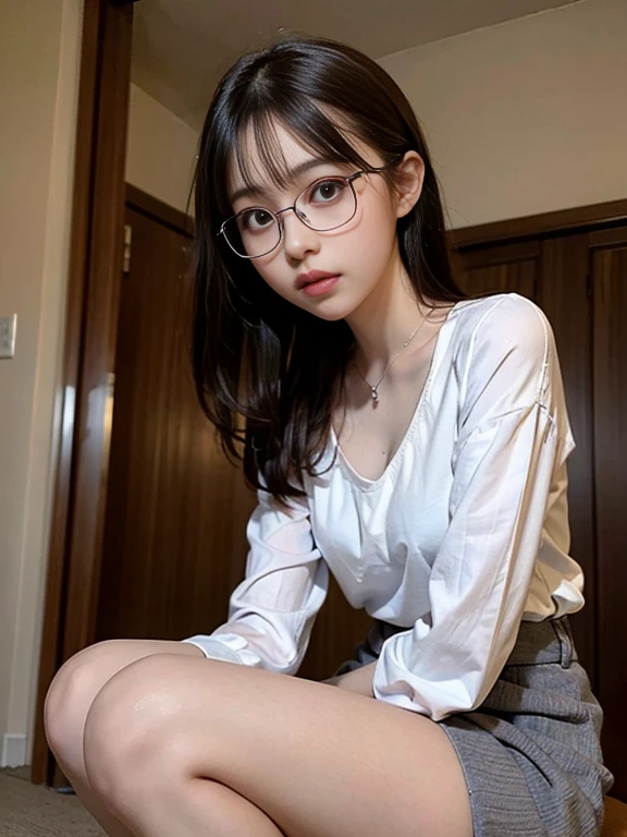 ulzang-6500-v1.1,(RAW photo:1.2), (Photorealistic:1.4), Beautiful Meticulous Girl, very detailed eyes and faces, Beautiful detailed eyes, absurderes, unbelievable Ridiculous, hugefilesize, ultra - detailed, A high resolution, The is very detailed,best qualtiy,tmasterpiece,((T-shirt )),illustratio,The is very detailed,CG,unified,8k 壁纸,Amazing Cleavage,finely detailled,tmasterpiece,best qualtiy,The is very detailed的 CG unified 8k 壁纸,light in face,cinmatic lighting, 1girll, ,long white hair,lateral division,(wears glasses),((dynamicposes)),(sexyposture),,(A half body),((Pantyhose)),((Black hip skirt)),((((Sit with your knees folded)))) full length dress :1.1, Super detailed face, Detailed eyes, 二重まぶた, blur backgroun, Slim Faces,