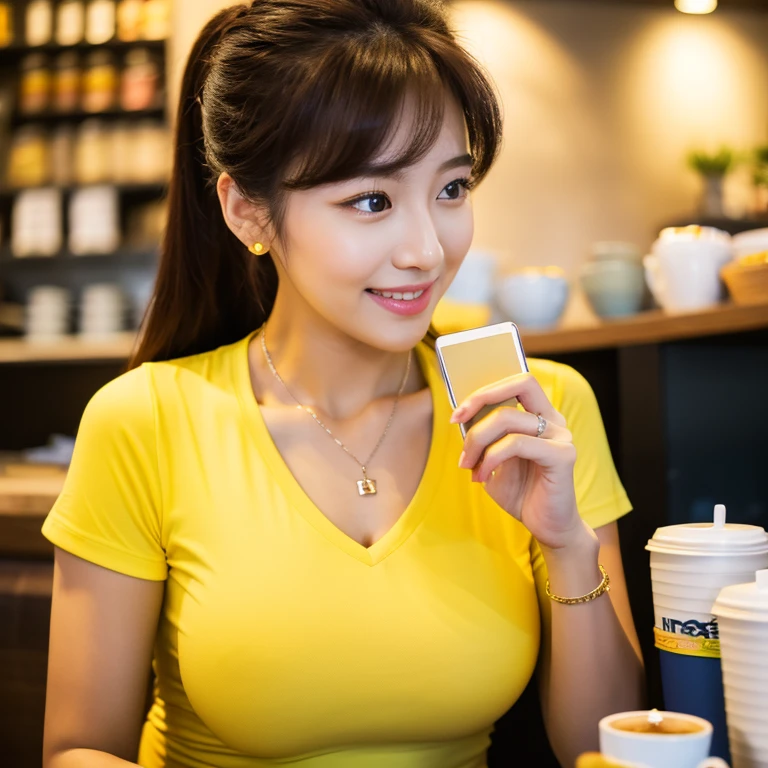 UHD, Close-up photo of a cute Korean woman,Chest size 36 inches, ponytail, Wear a tight fitting yellow t-shirt.,) necklace, With a mobile phone in a coffee shop, 8k photos, Shot with a high quality Fuji 45 camera.,000,000 pixels, realistic light colors,)