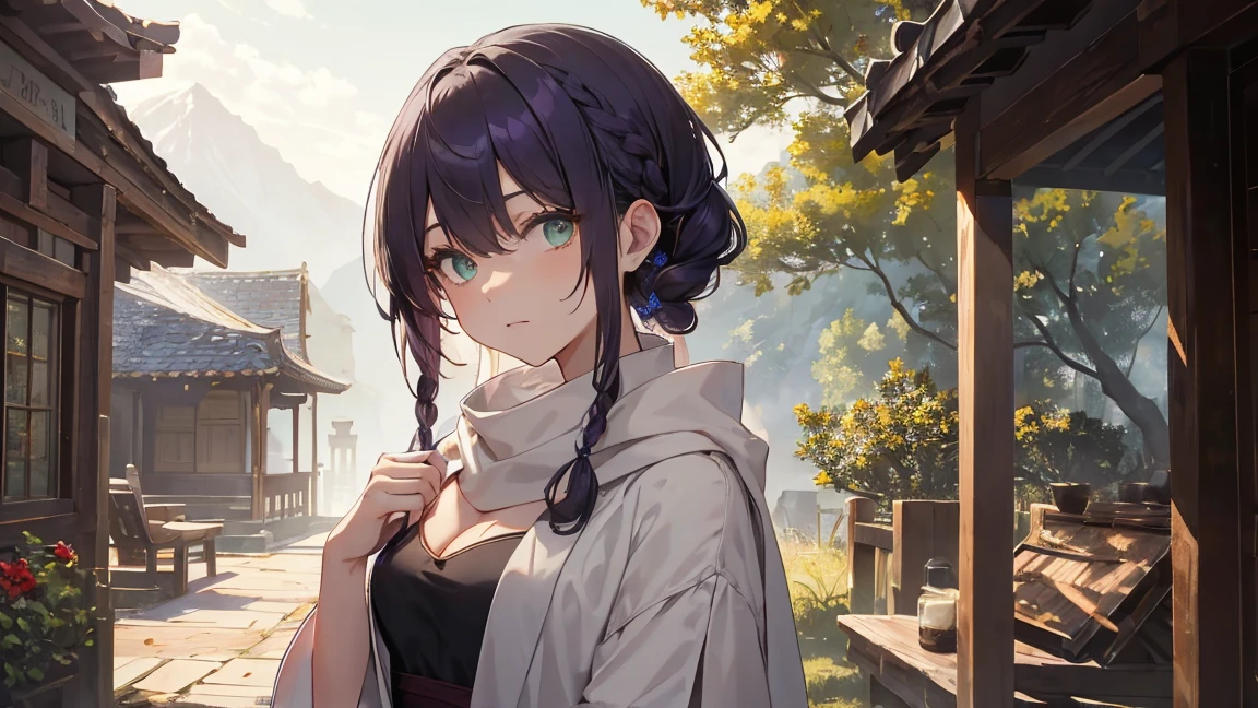 ((masterpiece:1.4, The best quality at its best))+, (Hyper Detail)+, (Delicate green eyes:1.5)+, (Detailed ears:1.5), (Cute Girl Ronk Robe:1.5), Tight white silk, Short Hair Details, Long braids,Biting Pigtails,No hat,(Black Flower:1.2), Pale-skinned, (White cloth:1.5), (Giant wood:1.4), Ancient temple in the mountains,incense burner,visitor,cleaning,Old tree in the courtyard,Fallen leaves,(White scarf:1.1), (Dawn Light:1.2),(Monk:1.5 ), (Cleavage close-up:1.1), The only person, Dark purple hair, Hair covering one eye, V-shaped eyebrows, dark (Expressed), From the back, From the above, The best quality at its best, High resolution, High detail, high quality, 16k