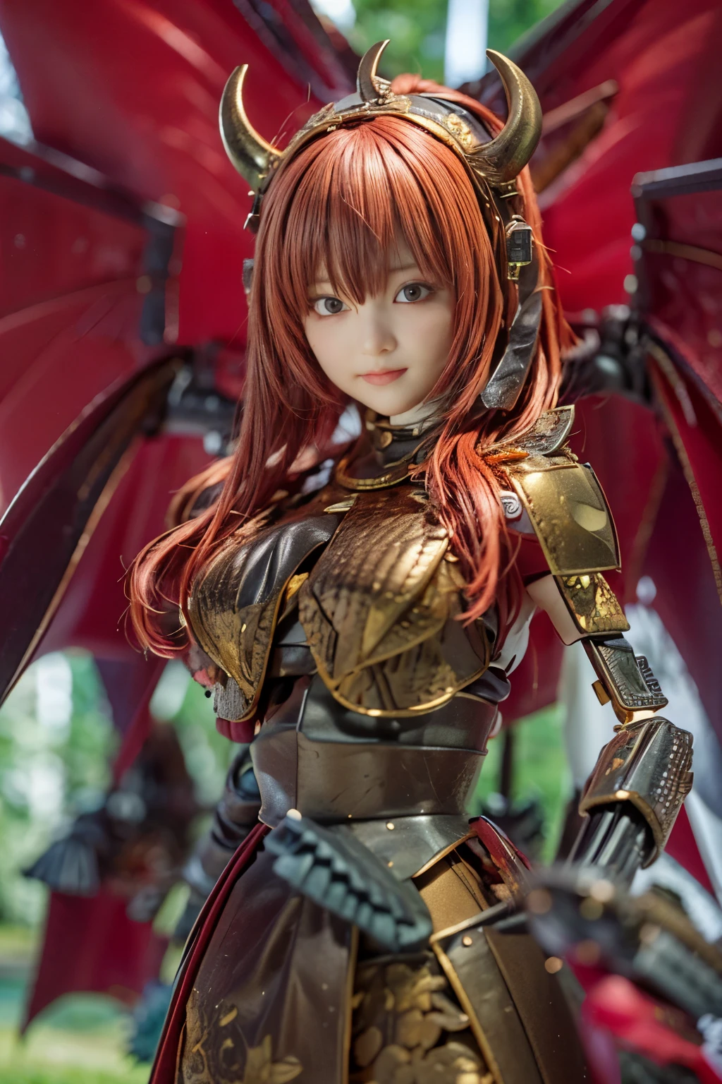 blindbox, (masterpiece, best quality:1.2), (8k uhd, 16k, 32k, ultra high res), (photorealistic:1.37), (RAW photo), ultimate-realistic, ultimate-realistic details, ultimate-realistic texture, ultimate-intricate details, ultimate-realistic lighting, ultimate-realistic shadow, japanese girl, ultimately cute face, ultimate-RAW skin, ultimate-realistic eyes, (mechanical armor:1.4), (full body), wide shot, Evil organization, demons, horns, bat wings, red hair, bob cut, mechanical armor, reddish-black skin, red eyes, flying with Satanic castle in background