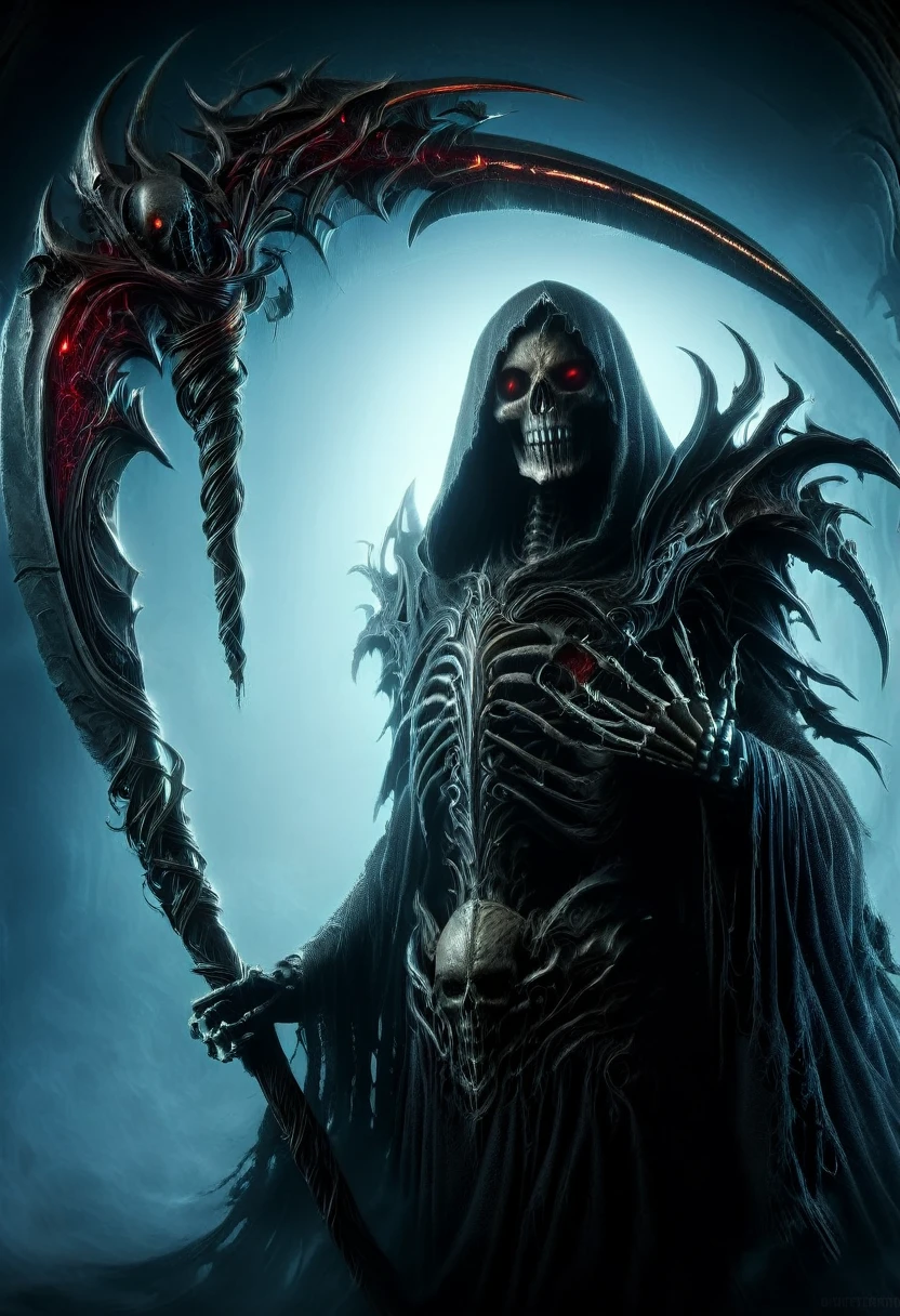 (best quality,4k,8k,highres,masterpiece:1.2),ultra-detailed,(realistic,photorealistic,photo-realistic:1.37),Black Grim Reaper,dark silhouette,cloaked figure,rustling black robes,long scythe,glowing red eyes,ominous presence,hovering darkness,dark ethereal figure,nightmarish specter,sinister aura,harbinger of death,eerie atmosphere,mysterious entity,shadows enveloping,haunting visage,menacing expression,skull-like face,otherworldly being,terrifying figure,reaping souls,glimpse of the afterlife,dreadful embodiment,ominous rituals,desolate cemetery,grim and somber,ominous moonlit night,darkened sky,thick fog,ominous whispers,lurking in shadows,eternal darkness,bone-chilling encounter,death's cold grip,intense and brooding,ominous catalyst,ominous cloak of despair,evil personified,intertwined with shadows,impending doom,abyssal realm,shivering in fear,eternal slumber. DonM5cy7h3XL, scythe, Scythe