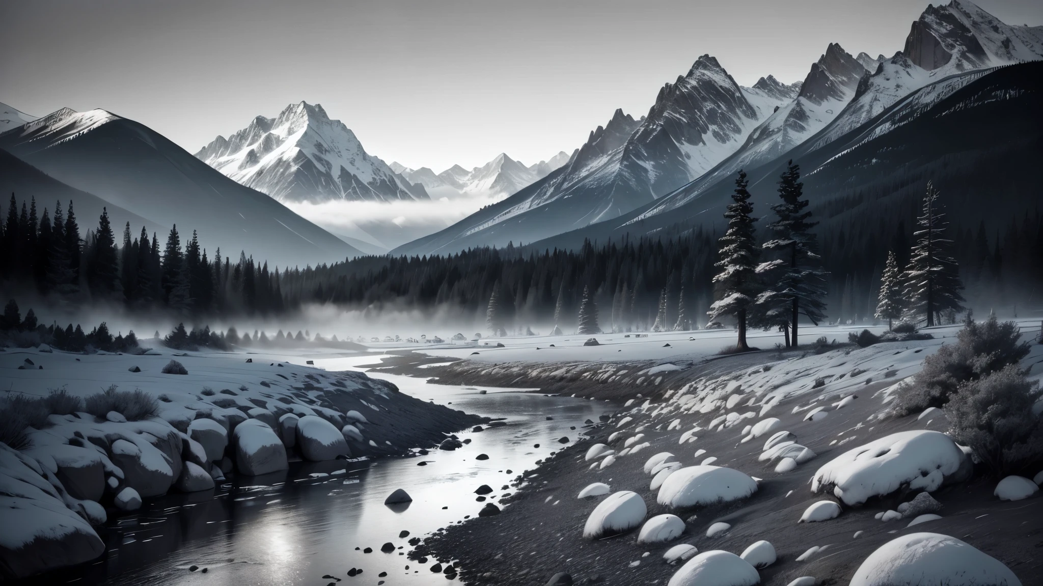 Serene landscape, Wide angle, Lone pine trees in the corner, Mountains in the distance, Stream falling gently through rocks, fog, monotone, Black and White, Slight shades of blue and green, nature, vast field, contrast, abstract, realistic, slightly cartoonish, aurora in the sky.