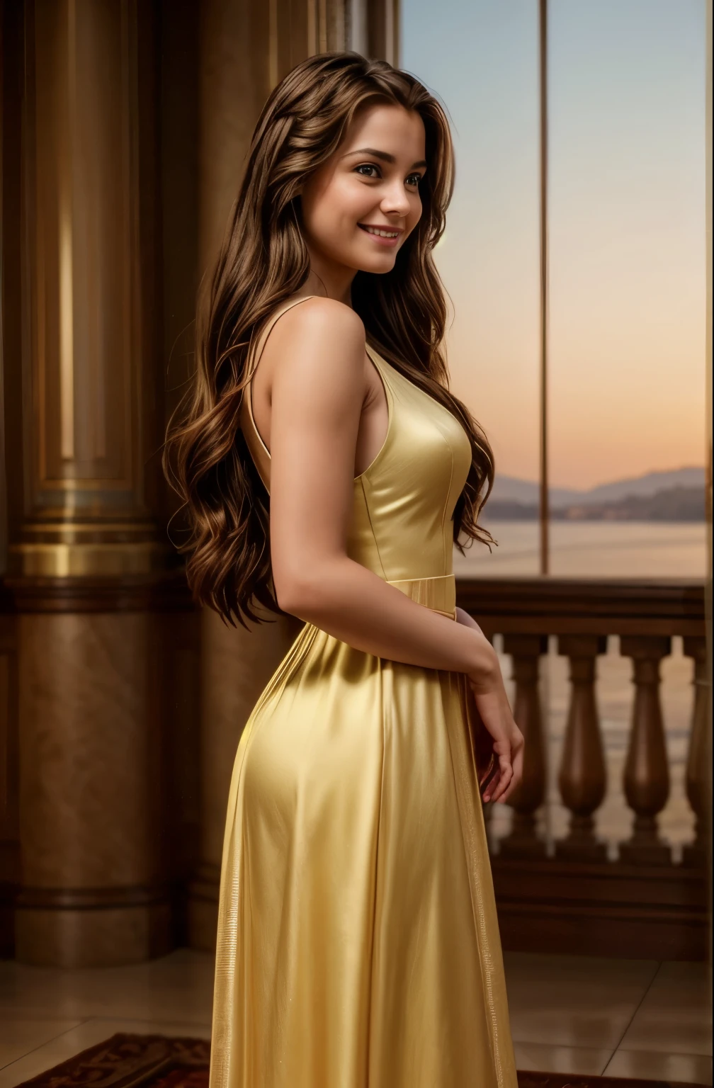 Movie stills (((Full body photo))) 21 year old girl, Disney Bell, smile, Long brown hair, Yellow Dress, Elbow hand pockets, jewelry, Exposing shoulders, (View Viewer:1.1), 8k, 16k, Ultra-high resolution, Digital SLR, 最high quality, high quality, Realistic, photo-Realistic, Super detailed.  . Shallow depth of field, Vignette, Very detailed, High budget, Bokeh, CinemaScope, Sulky, amazing, nice, Film Grain, granular