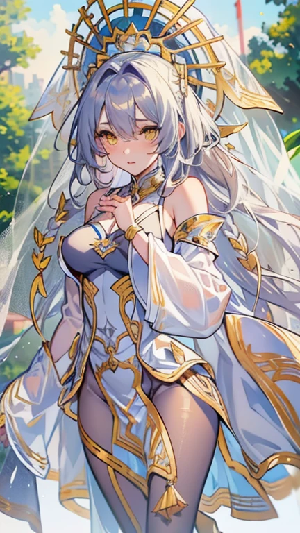 ((8K resolution))、((highest quality))、((masterpiece))、((Super detailed))((((dramatic))), (anatomically correct)、Depth of object being written、look at the camera、2 people、2 people woman、(veil, yellow eyes, long hair, elbow bag, bare shoulders, dress, pantyhose, thigh boots, high heels)、(KAFUKA)、front、toned arms, long and thin legs, Athletic Presence,(theme、w穴 body:1.1),Image of God、white background
