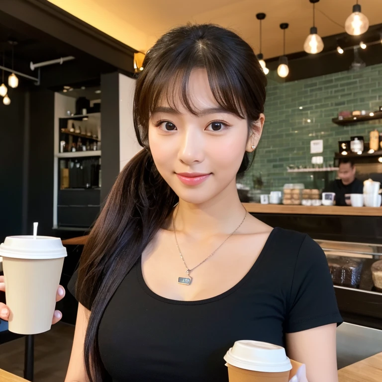 UHD, Close-up photo of a cute Korean woman,Chest size 36 inches, ponytail, Wear a tight black t-shirt.,) necklace, With a mobile phone in a coffee shop, 8k photos, Shot with a high quality Fuji 45 camera.,000,000 pixels, realistic light colors,)