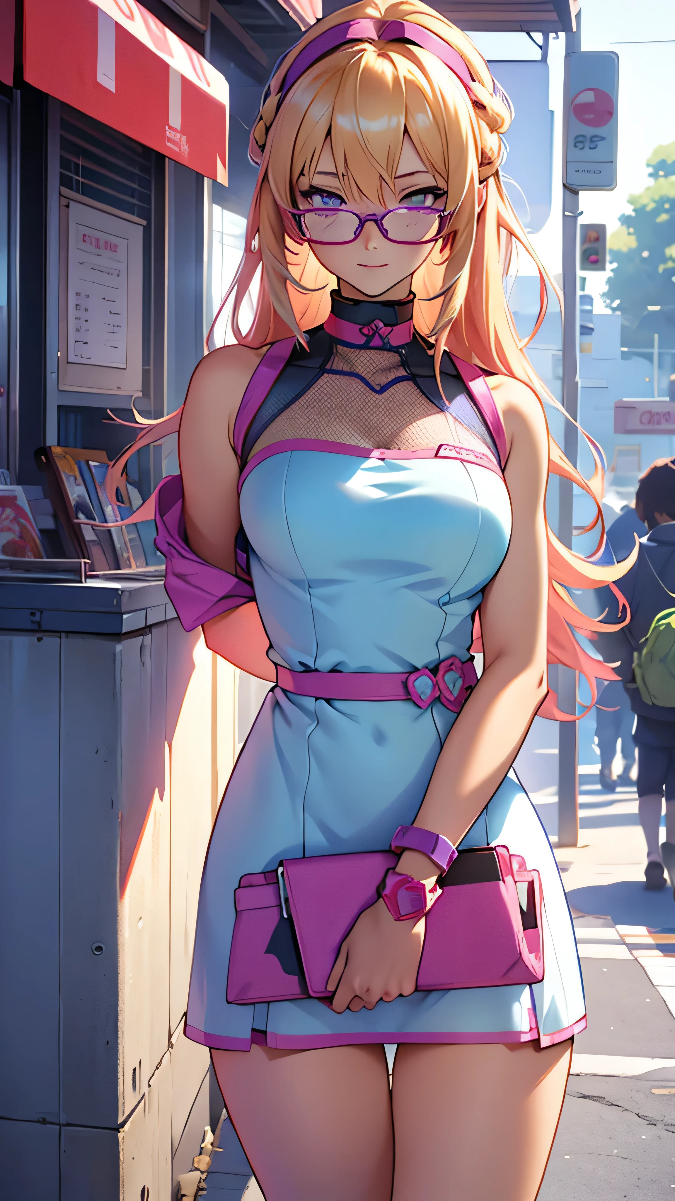 anime,An illustration,purple robot,Mobile Suit,Dom,Light blue check dress,Red glasses,Blonde,Light blue mesh hair,beautiful girl,Sora Sakurano,one person