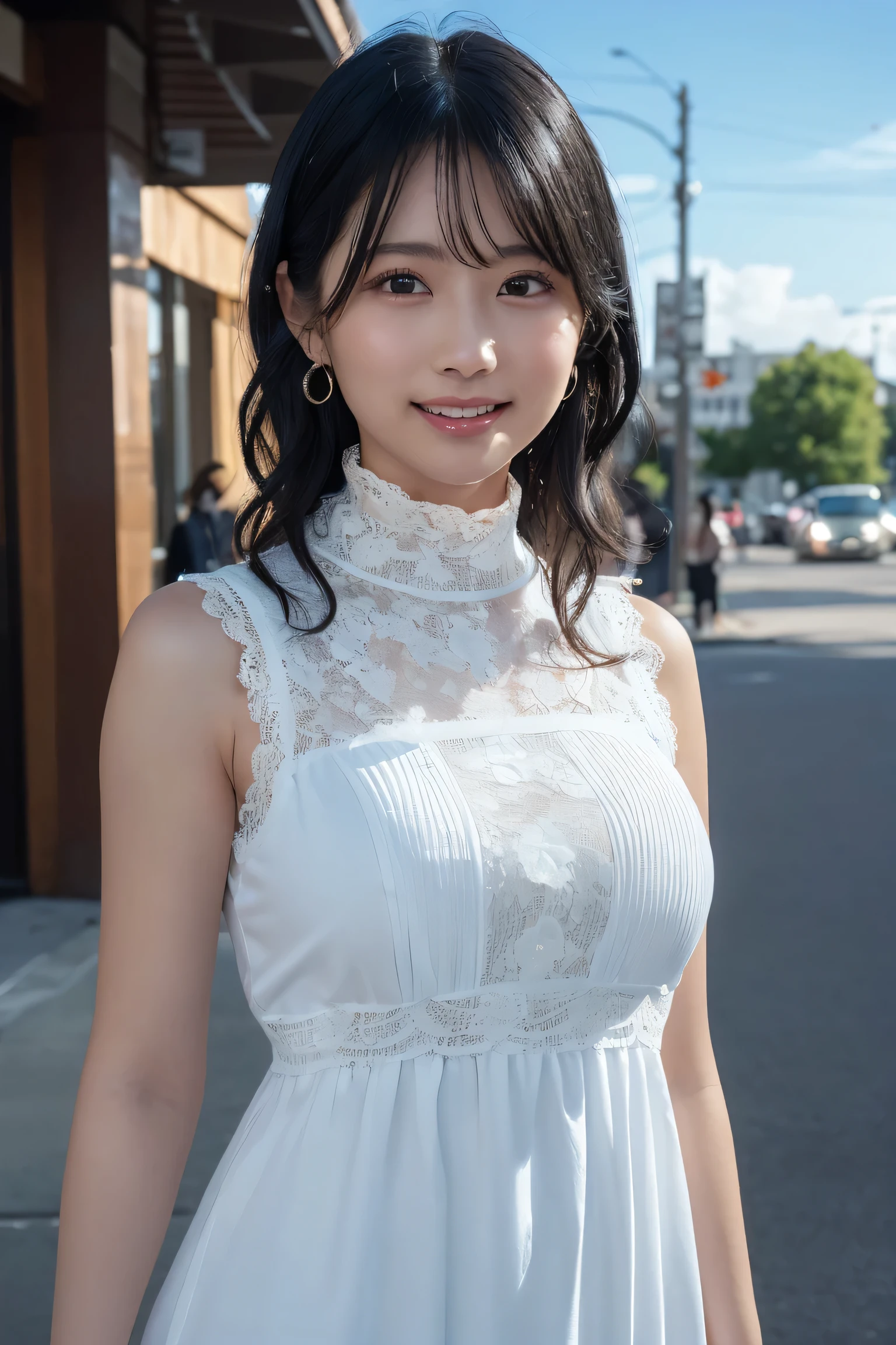 ((Upper Body))、a woman posing on the street corner with White Dress on, highest quality, High resolution, 8k, 1people girl, (Huge breasts), Day, bright, Outdoor, (street:0.8), (people々, crowd:1), (lace trim dress:1.5, White clothes:1.5, White high neck dress:1.5, Sleeveless dress, White Dress: 1.5), nice, (Wavy Hair,Black Hair:1.5), Beautifully detailed skies, Beautiful earrings, (Dynamic pose:0.8), (Upper Body:1.2), Soft lighting, Wind, Shiny skin, View Viewer, smile, (Mouth closed:1.5), 