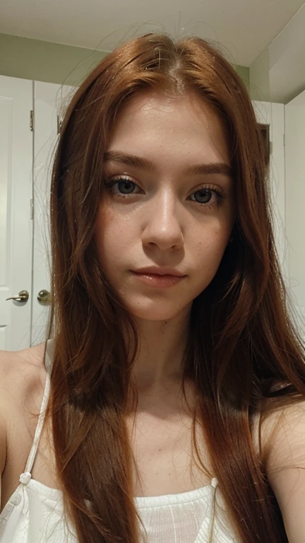 a realismo, detalhes perfeccionistas, redhead girl with long straight hair, olhos verdes acinzentados, with a Sympathetic face, tirando uma selfie para o intagram