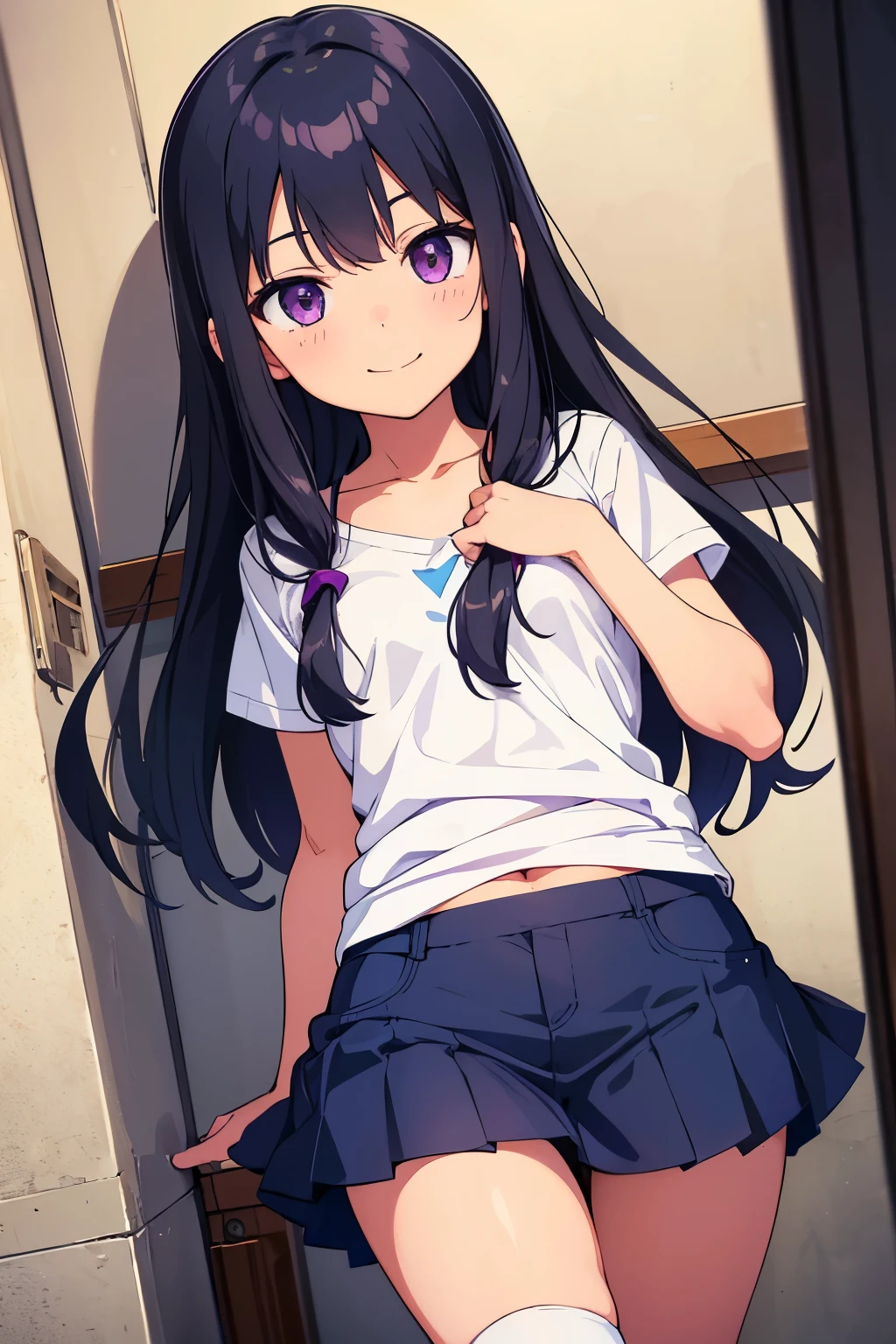 Elementary school girl, 8 years old　Flat chest, black hair, long hair, purple eyes　smile　（one person）　Plain white short-sleeved T-shirt　Navy blue denim mini skirt　White panties（（I can see her panties）） White tri-fold socks　Girl&#39;s Room　Sit on the bed　 Dynamic angle Low angle