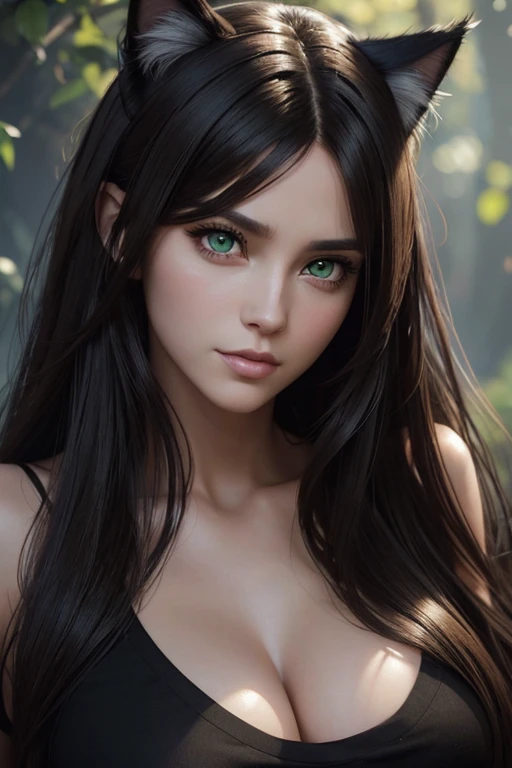 arafed woman with long hair wearing a cat ear and a black top, brown hair and large eyes, gorgeous face portrait, photo of a beautiful woman, soft portrait shot 8 k, photorealistic beautiful face, sexy girl with green eyes, gorgeous attractive face, artgerm ; 3d unreal engine, ultra realistic digital painting, beauty woman with detailed faces