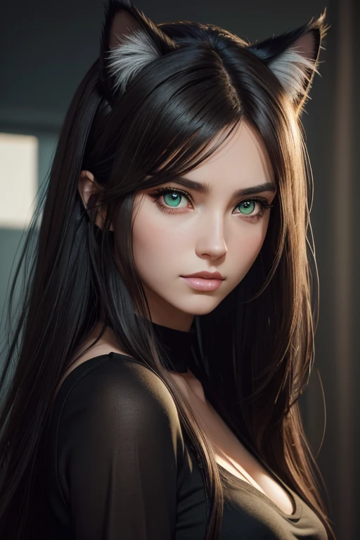 arafed woman with long hair wearing a cat ear and a black top, brown hair and large eyes, gorgeous face portrait, photo of a beautiful woman, soft portrait shot 8 k, photorealistic beautiful face, sexy girl with green eyes, gorgeous attractive face, artgerm ; 3d unreal engine, ultra realistic digital painting, beauty woman with detailed faces