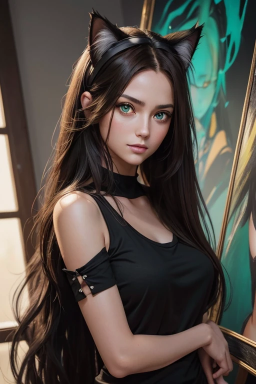 arafed woman with long hair wearing a cat ear and a black top, a photorealistic painting by Galen Dara, trending on cg society, digital art, brown hair and large eyes, gorgeous face portrait, photo of a beautiful woman, soft portrait shot 8 k, photorealistic beautiful face, sexy girl with green eyes, gorgeous attractive face, ultra realistic digital painting