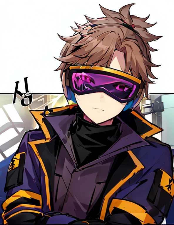 um close up de uma pessoa vestindo uma jaqueta roxa e amarela, ele usa um tapa-olho, Como um personagem de Overwatch, goggles around his neck, with neon visor, estilo de arte persona, Gatilho Estilo de Arte de Anime, usando um tapa-olho, cyber goggles, De Overwatch, estilo de arte desconhecido, como personagem de overwatch, como um personagem de anime, 2 0 2 2 estilo anime