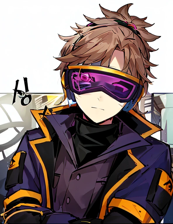 um close up de uma pessoa vestindo uma jaqueta roxa e amarela, ele usa um tapa-olho, Como um personagem de Overwatch, goggles around his neck, with neon visor, estilo de arte persona, Gatilho Estilo de Arte de Anime, usando um tapa-olho, cyber goggles, De Overwatch, estilo de arte desconhecido, como personagem de overwatch, como um personagem de anime, 2 0 2 2 estilo anime