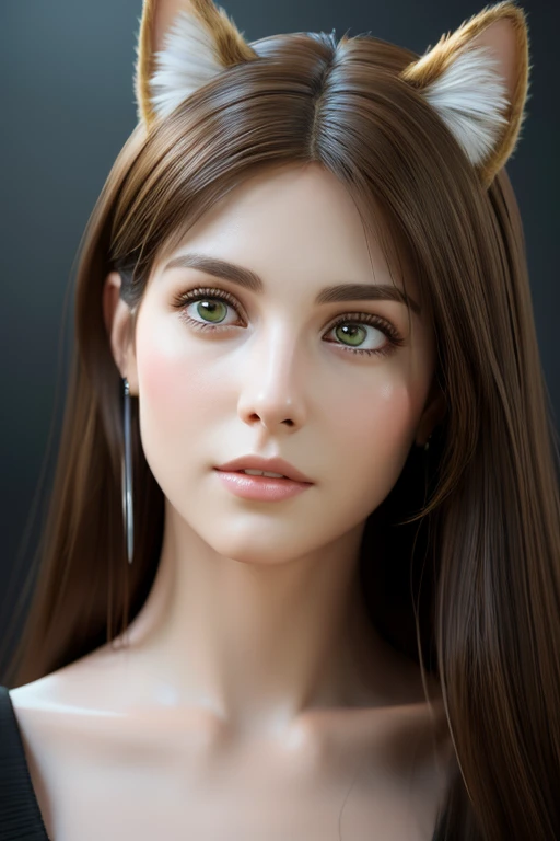 arafed woman with long hair wearing a cat ear and a black top, brown hair and large eyes, gorgeous face portrait, photo of a beautiful woman, soft portrait shot 8 k, photorealistic beautiful face, sexy girl with green eyes, gorgeous attractive face, artgerm ; 3d unreal engine, ultra realistic digital painting, beauty woman with detailed faces