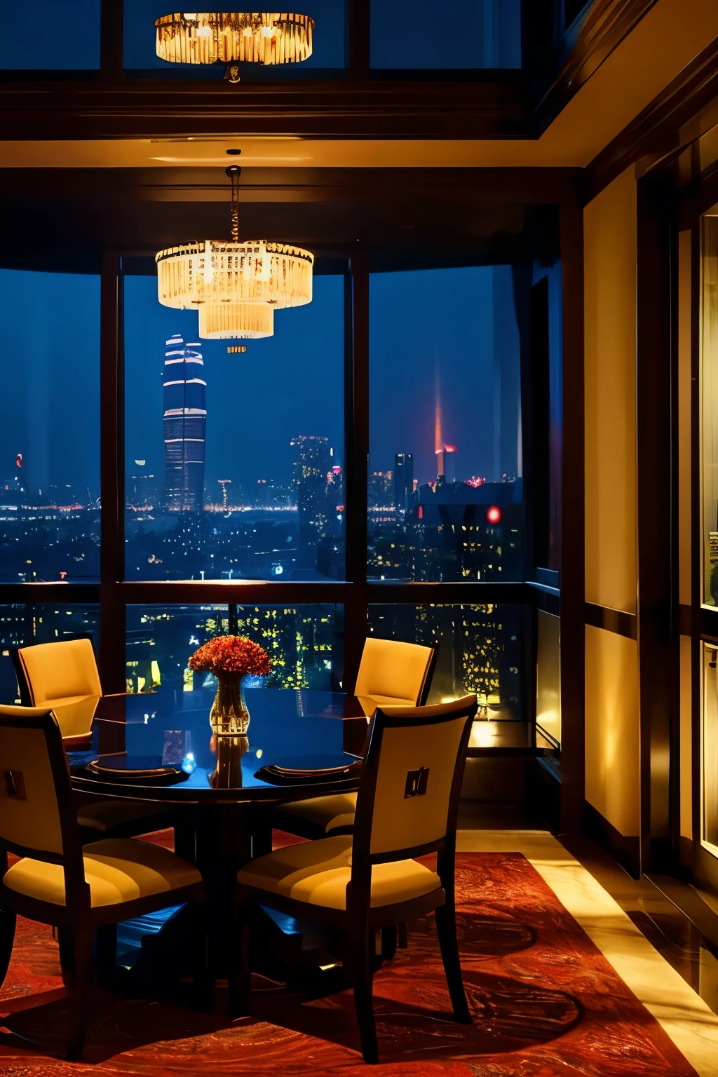 A room in a luxury Chinese hotel during Chinese New Year Chic interior with dim lighting A big black table in front Iconic large windows Outside the window, there is a night view and many fireworks.