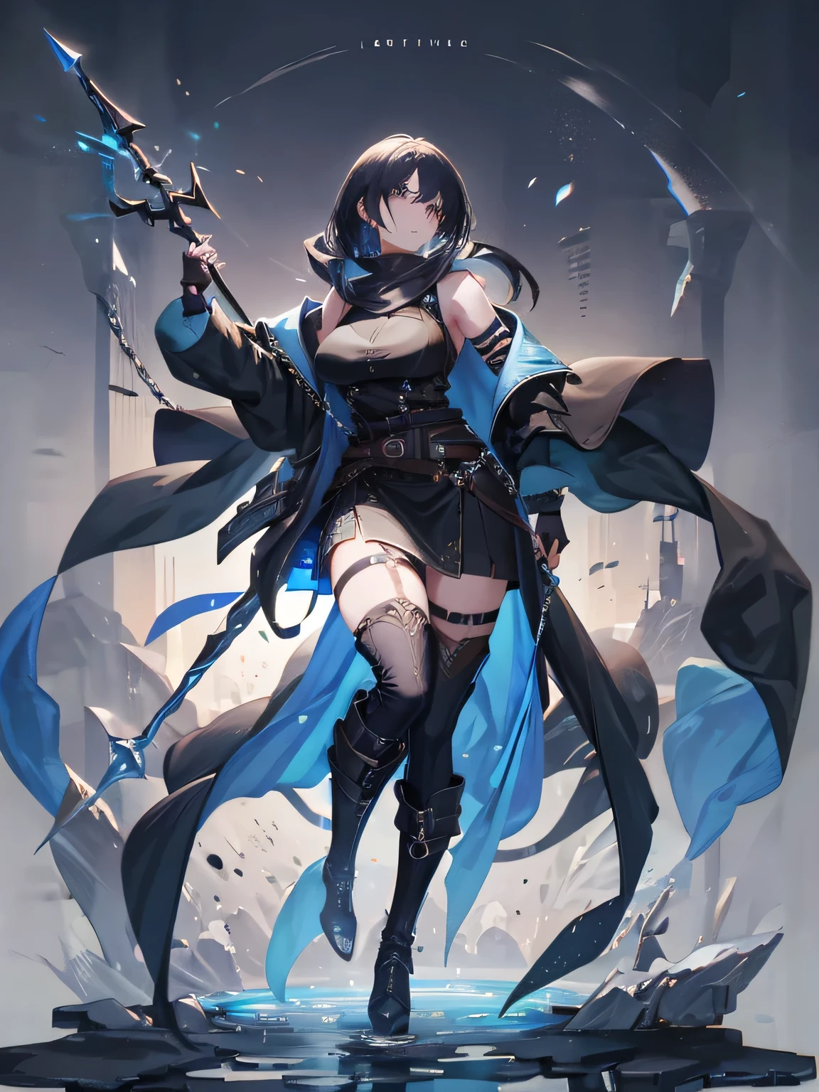 Woman, Mage, short dark blue hair, badass clothes, black hat
