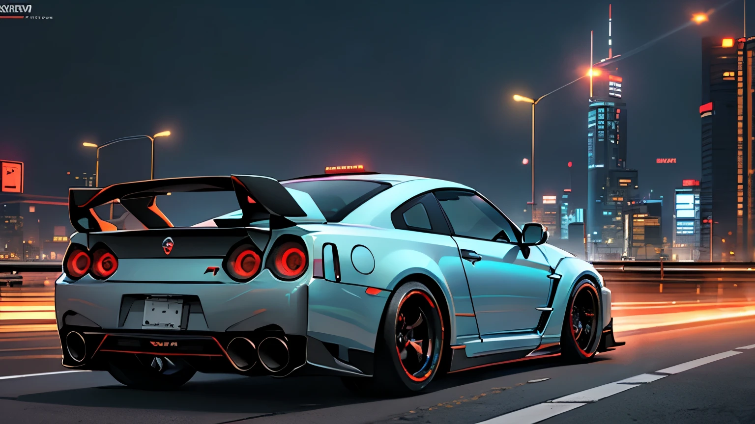 (High resolution CG Unity 8k wallpaper). (masterpiece). (Highest quality). (Super resolution). (Best illustration). (Best Shadow). (Absurd).
Nissan. 2030 Skyline GT-R. Future Skyline GT-R. Tuned car. A tuned-up Skyline GT-R. Cyberpunk Skyline GT-R. Cyberpunk night city.
