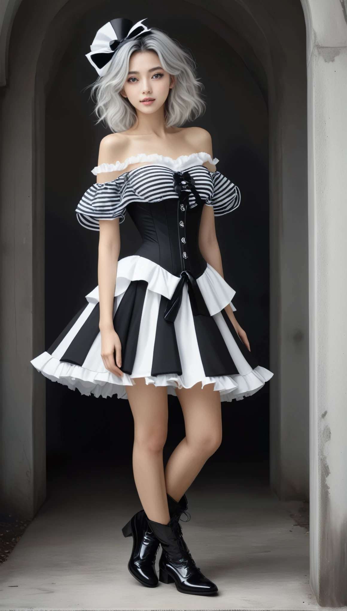 (masterpiece, Best Quality, hyper Detailed, hyper Realistic luna girl:1.3), BREAK beautiful Pretty Japanese ig model, glamorous body, Happy, render of april, (all body shot, active pose:1.2), BREAK (Detailed wear, all body wear:1.2), Monochrome Pierrot Costume,
Opt for a fitted corset bodice with black and white diamond patterns, accentuating the waist, Layer with a ruffled, off-the-shoulder blouse in contrasting black and white hues, adorned with oversized bows for a whimsical touch,
BREAK
Pair with high-waisted black pants, featuring exaggerated ruffles or pleats for added volume and drama,
Accessorize with black and white striped stockings or tights, and patent leather ankle boots with oversized buckles for a modern twist on classic clown footwear, arranged gray hair, BREAK (Detailed medium breasts, Detailed bodyline, Detailed legs and calves), (very slim waist, firm large breasts, large buttocks, beautiful sexy legs:1.3), White and beautiful Silky skin, thin and short neck, (small head, small face), BREAK small head, Detailed face, cute and Pretty (slim oval shape face:1.3), wide Duck mouth, half open mouth, perfectly aligned teet, perfect beautiful Tooth, blue eyes, half open eyes, shiny Droopy eyes, gray hair, looking other, (in a concrete, fog, mist, steem),