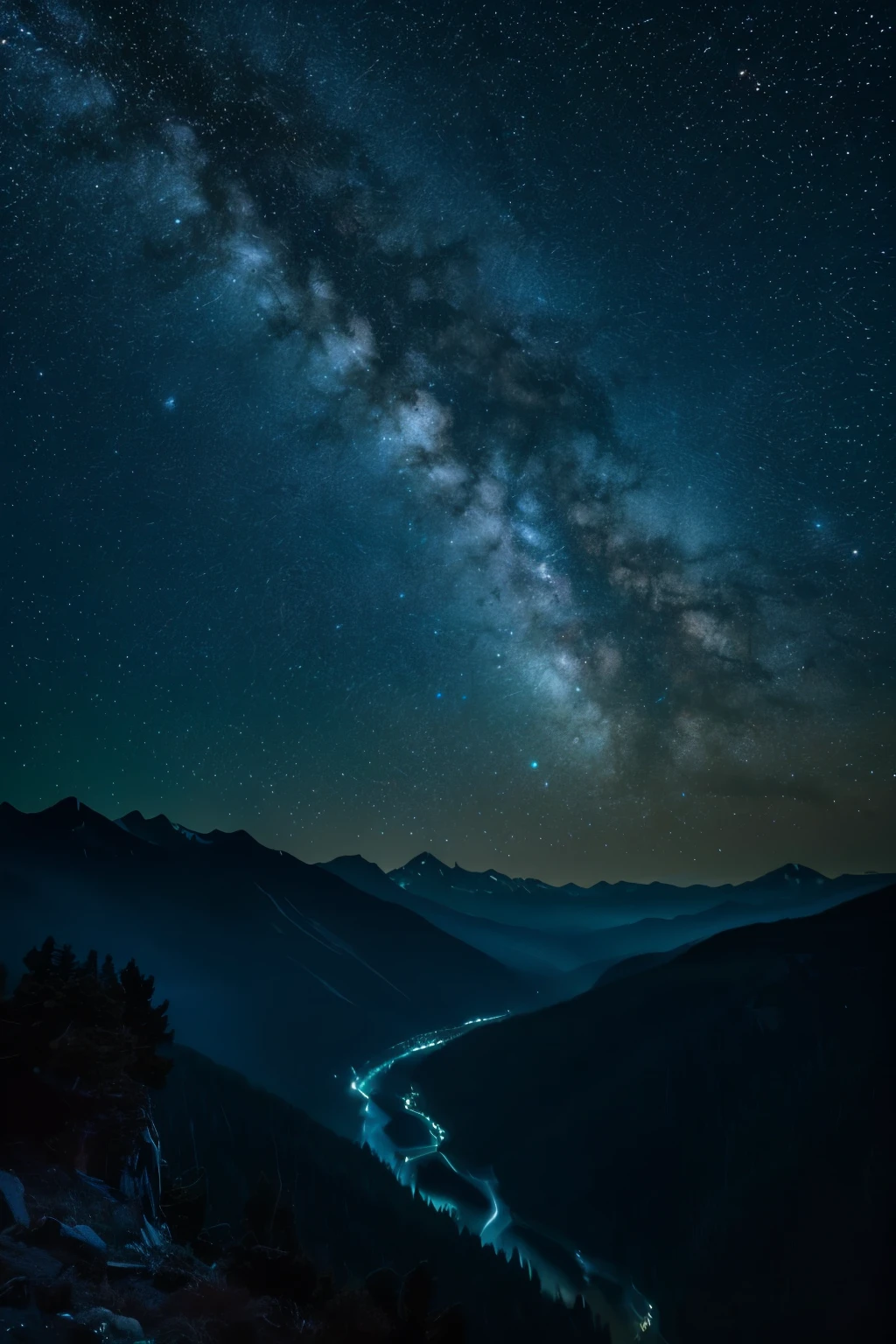 A beautiful night sky filled with countless stars, a glowing full moon, and the Milky Way galaxy stretching across the horizon. The sky is clear and dark, with a serene and tranquil atmosphere. In the foreground, there might be silhouettes of trees or mountains, adding depth to the scene.