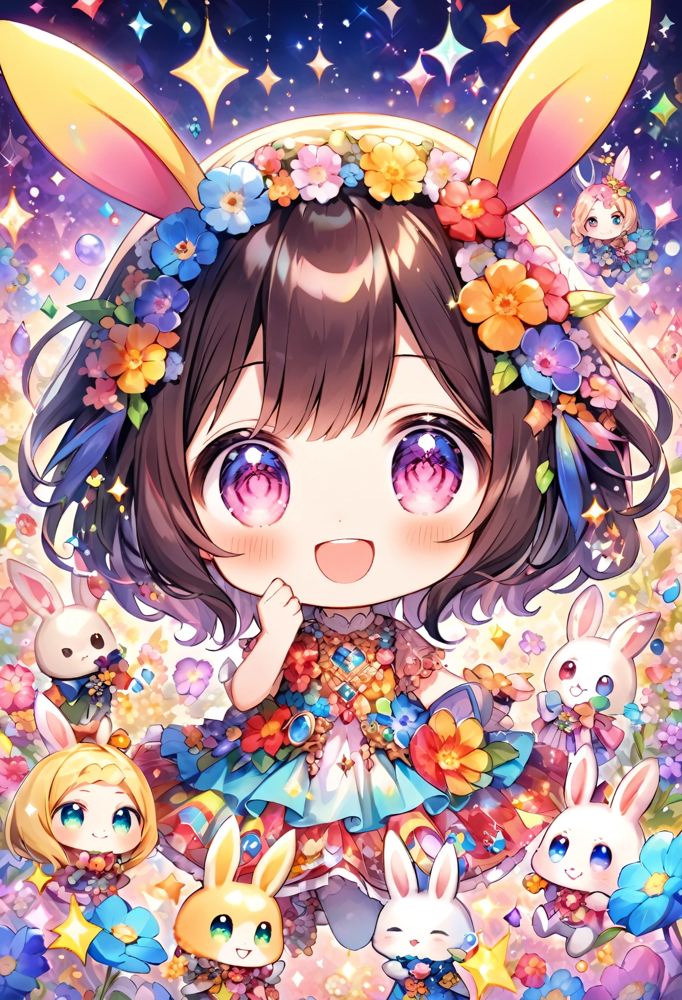"With bunny ears decorated with vibrant flowers and jewels、Cute and colorful chibi characters, Wearing a detailed dress. The characters are large, Expressive eyes and a happy smile, Sparkles are scattered throughout the image、It exudes a magical and fantastical charm.."