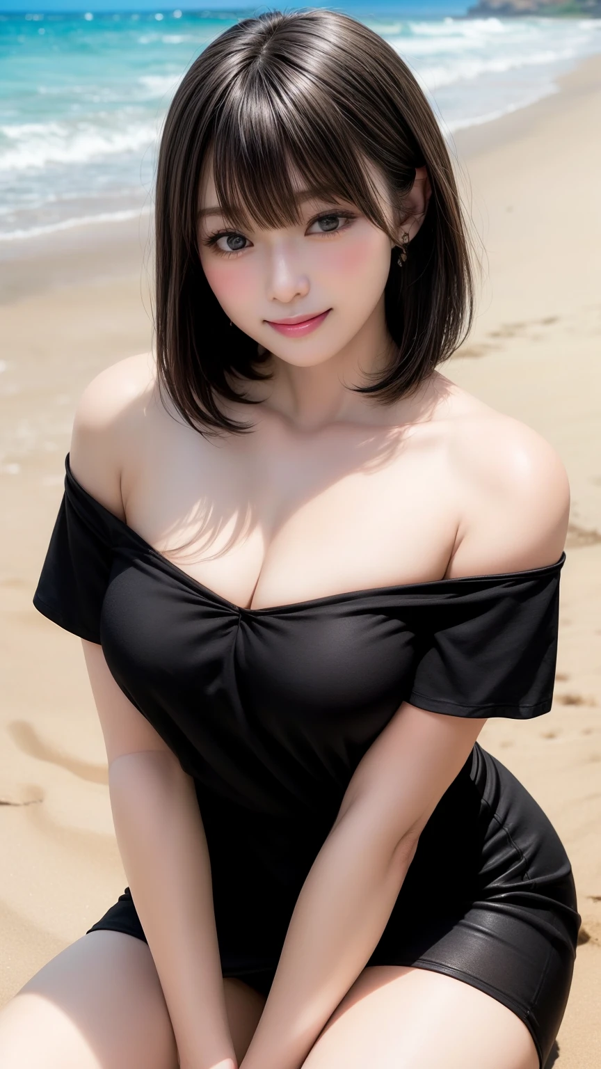 Tabletop、Super cute face、Big cleavage、Good style、Natural Lip、Fair skin、Great light、Beautiful lighting、((Straight hair:1.2))、((Black short hair:1.4))、、Off-the-shoulder T-shirt、Tight Skirt、Gorgeous Accessories、On the beach in Hawaii、Sit in your seat、smile、かわいいsmile