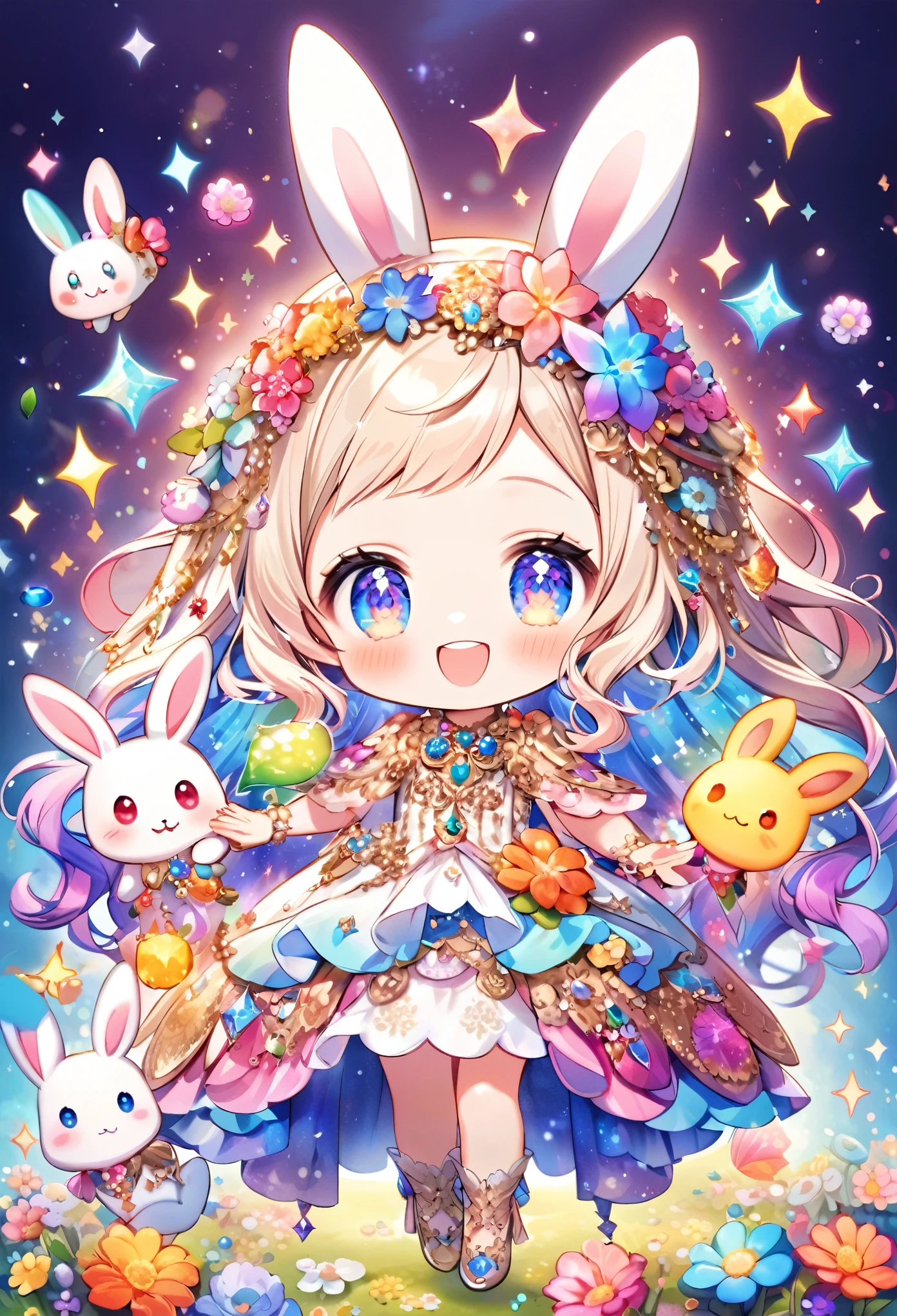 "A cute and colorful chibi character with bunny ears adorned with a vibrant array of flowers and jewels, wearing a detailed and ornate dress. The character has large, expressive eyes and a joyful smile, exuding a magical and fantastical charm with sparkles scattered throughout the image."