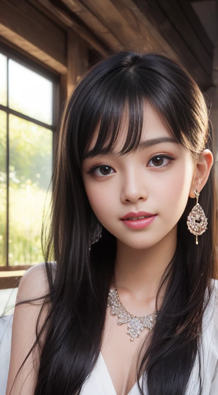 8k, Tabletop, RAW Photos, highest quality, Realistic, Highly detailed CG Unity 8k wallpaper, Depth of the written border, Cinematic Light, Lens flare, Ray Tracing, (Very beautiful face, Beautiful Lips, Beautiful Eyes), Intricately detailed faces, ((ultra high density skin)) 1 girl, In the Dark, Deep Shadow, Cute Korean Girl, ((Looking at the audience)),(Captivating smile), (Blurred Background), Earrings, bracelet, necklace, Clear Eyes, Bedroom, Front shot, (White skin), I&#39;m looking forward to, (Big eyes), ((Upper Body Shot)), ((Lace dress、corset)), (Camel Toe,  shape), (ponytail), (Big Breasts:1.5), ((Camel Toe)), 