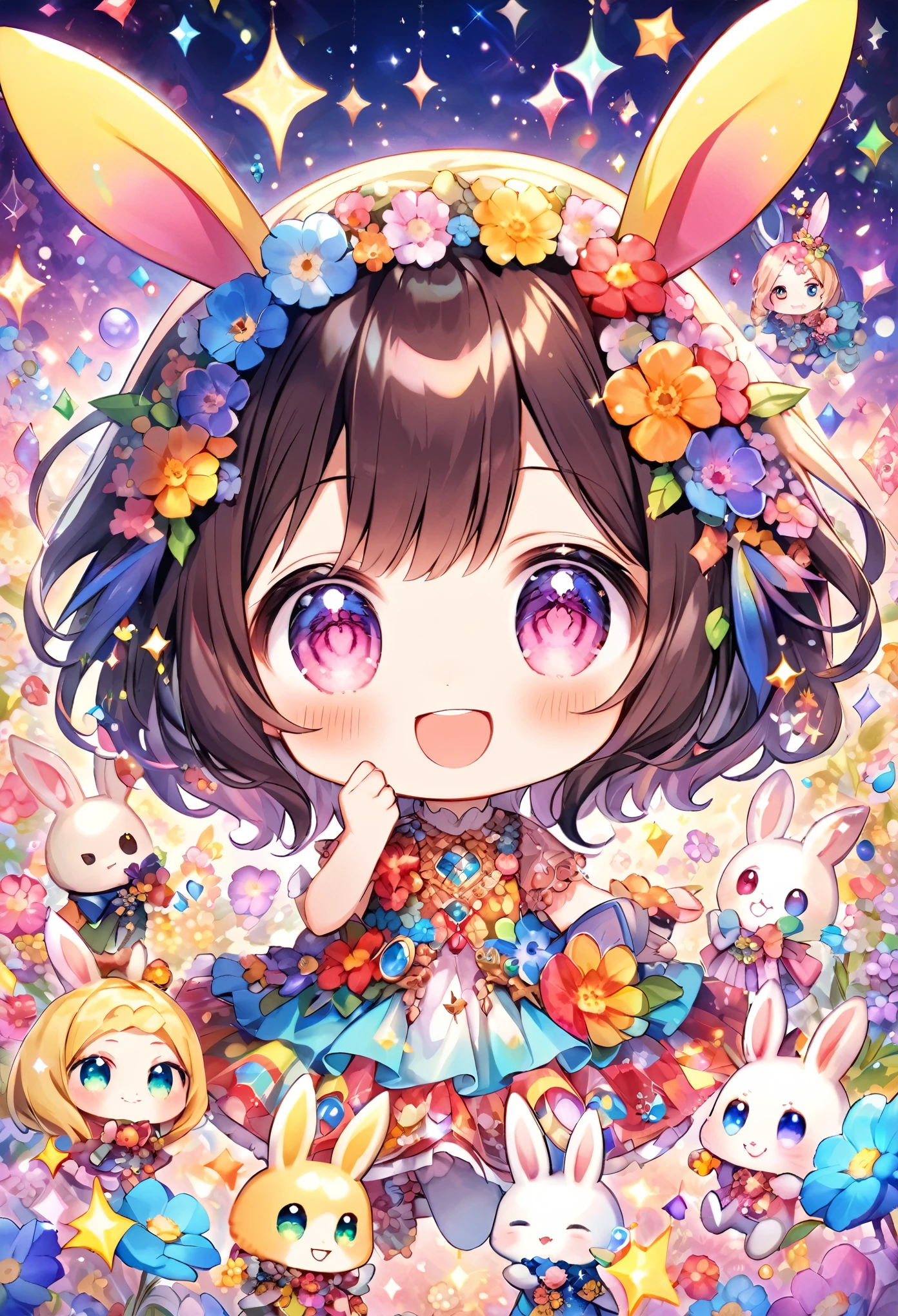 "With bunny ears decorated with vibrant flowers and jewels、Cute and colorful chibi characters, Wearing a detailed dress. The characters are large, Expressive eyes and a happy smile, Sparkles are scattered throughout the image、It exudes a magical and fantastical charm.."