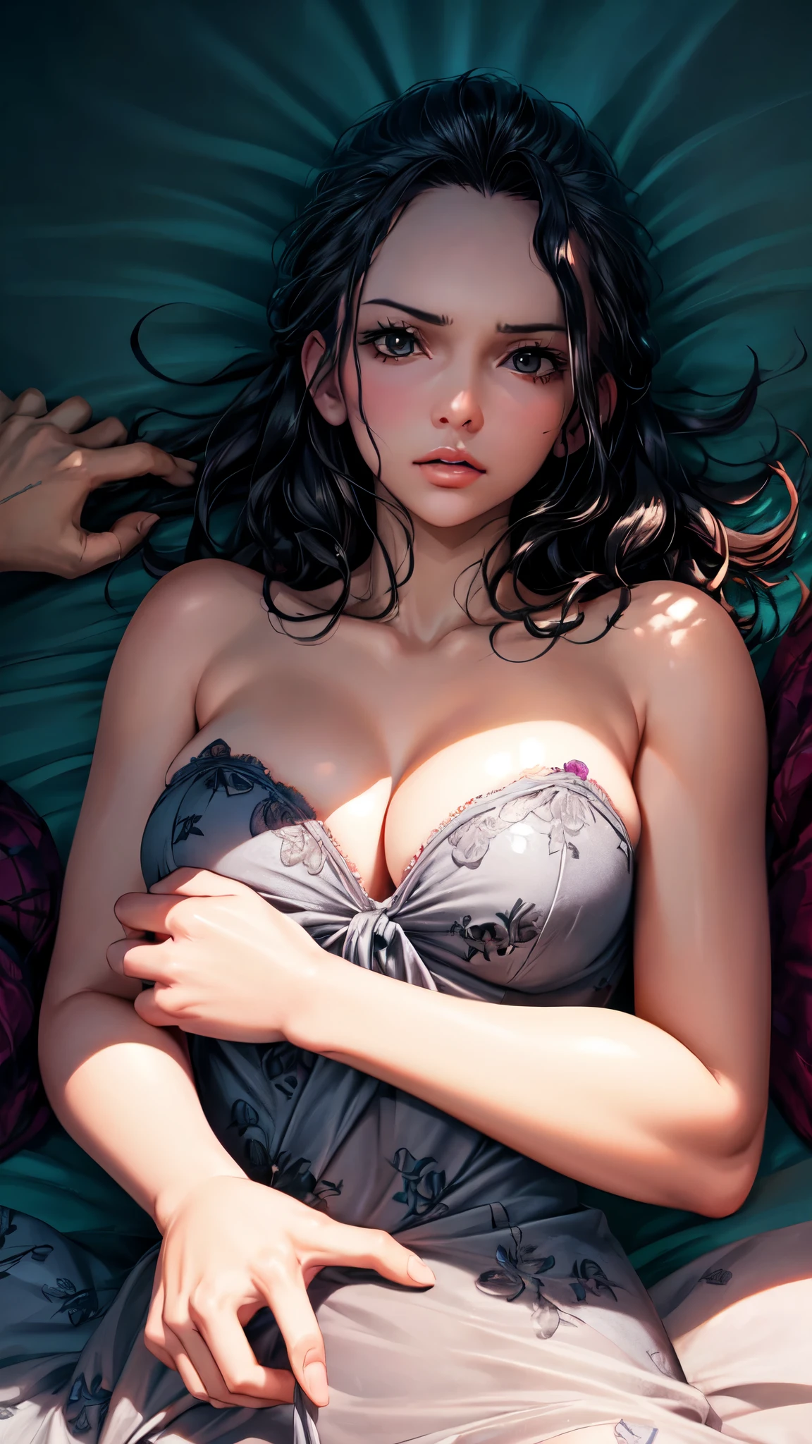 1 girl, masterpiece, nonsense, cinematic lighting, highly detailed CG union 8k wallpaper, lying on her side, lying on her side on her bed looking at the camera, us lying next to her, looking at us, depth of field, ray tracing, photorealistic, beautiful eyes, beautiful face, beautiful good anatomy, 4k, 8k quality, cleavage, (masterpiece, best quality),