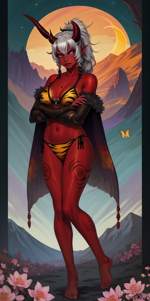 1 girl, (((oni girl))), (((red skin))), horns, white hair, ponytail, fascinated expression, full body portrait, outside, forest, mountains, butterflies, flowery meadow, best quality, (masterpiece),(ultra detailed high quality) (high resolution) aurora atria, bangs, crescent, crescent hair ornament, curled horns, fur trim, grey hair, hair ornament, 2horns 2legs 2arms barefoot bare arms, purple eyes, sheep horns, cape, Sakura flower hair ornament, yellow tiger print BIKINI stockings sleeves