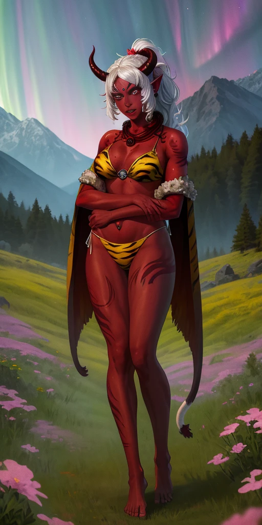 1 girl, (((oni girl))), (((red skin))), horns, white hair, ponytail, fascinated expression, full body portrait, outside, forest, mountains, butterflies, flowery meadow, best quality, (masterpiece),(ultra detailed high quality) (high resolution) aurora atria, bangs, crescent, crescent hair ornament, curled horns, fur trim, grey hair, hair ornament, 2horns 2legs 2arms barefoot bare arms, purple eyes, sheep horns, cape, Sakura flower hair ornament, yellow tiger print BIKINI stockings sleeves