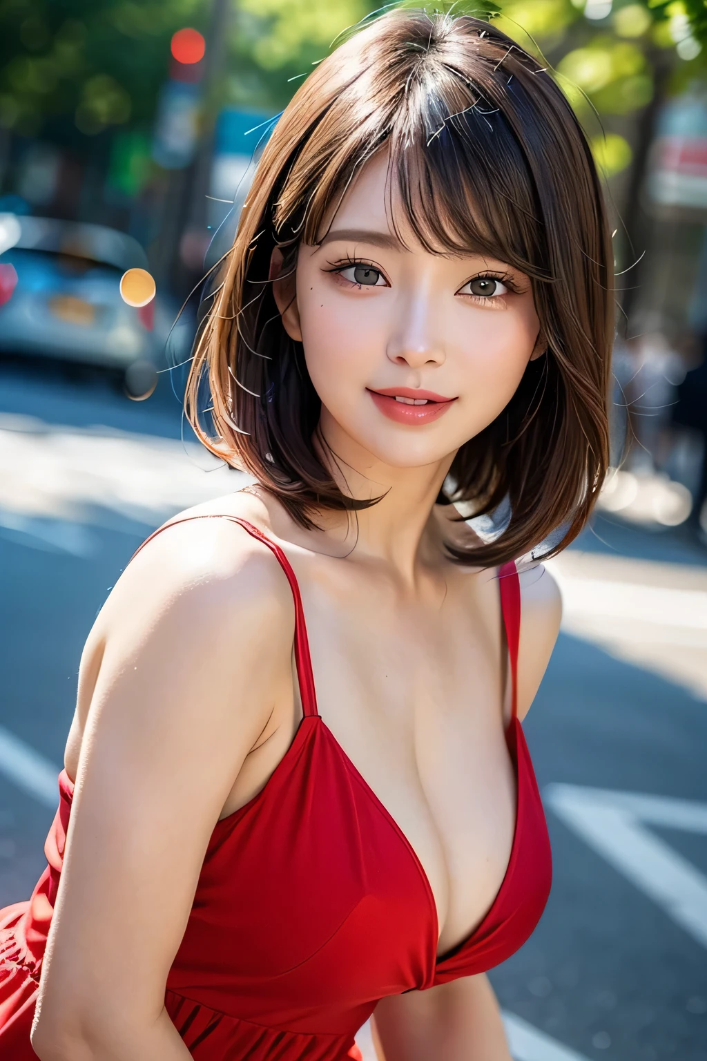 (8k, RAW Photos, highest quality, masterpiece, Realistic, Realistic), (1 female), (The ultimate beautiful middle-aged woman), Highly detailed face, (Perfect Teeth), Beautiful Eyes, double eyelid, eyelash, smile, Lip details, (Neat brunette bob), The light shines on your face, Big Breasts, ((Colorful mini dresses)), (front view), (background: none), Background blur