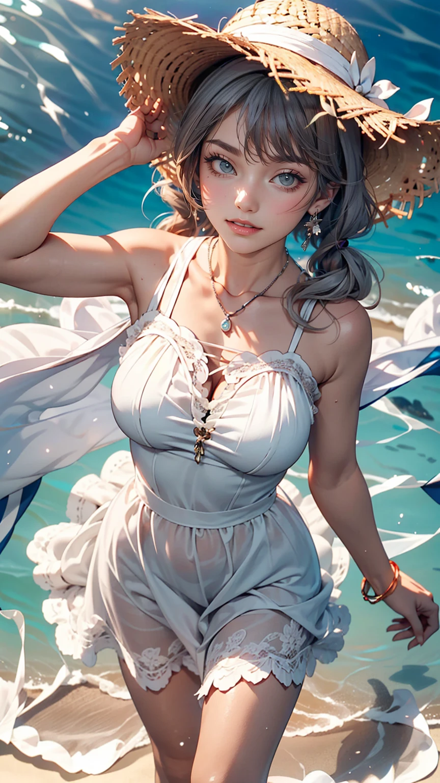 highest quality, masterpiece, , ,short, Huge breasts, Gray Hair,Low twin tails, Purple eyes, Yukinecris, Thin twin tails,, Beach, Ocean, White Dress, White Skirt, White dress, Straw hat, (((shy))), (Happy), Leaning forward, summer, From above, Reaching out, smile,