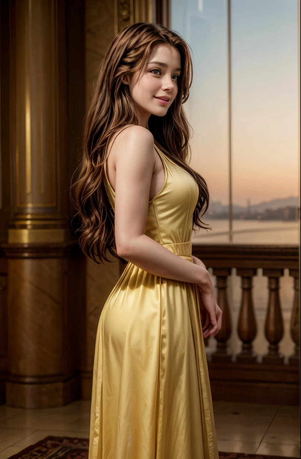 Movie stills (((Full body photo))) 21 year old girl, Disney Bell, smile, Long brown hair, Yellow Dress, Elbow hand pockets, jewelry, Exposing shoulders, (View Viewer:1.1), 8k, 16k, Ultra-high resolution, Digital SLR, 最high quality, high quality, Realistic, photo-Realistic, Super detailed.  . Shallow depth of field, Vignette, Very detailed, High budget, Bokeh, CinemaScope, Sulky, amazing, nice, Film Grain, granular