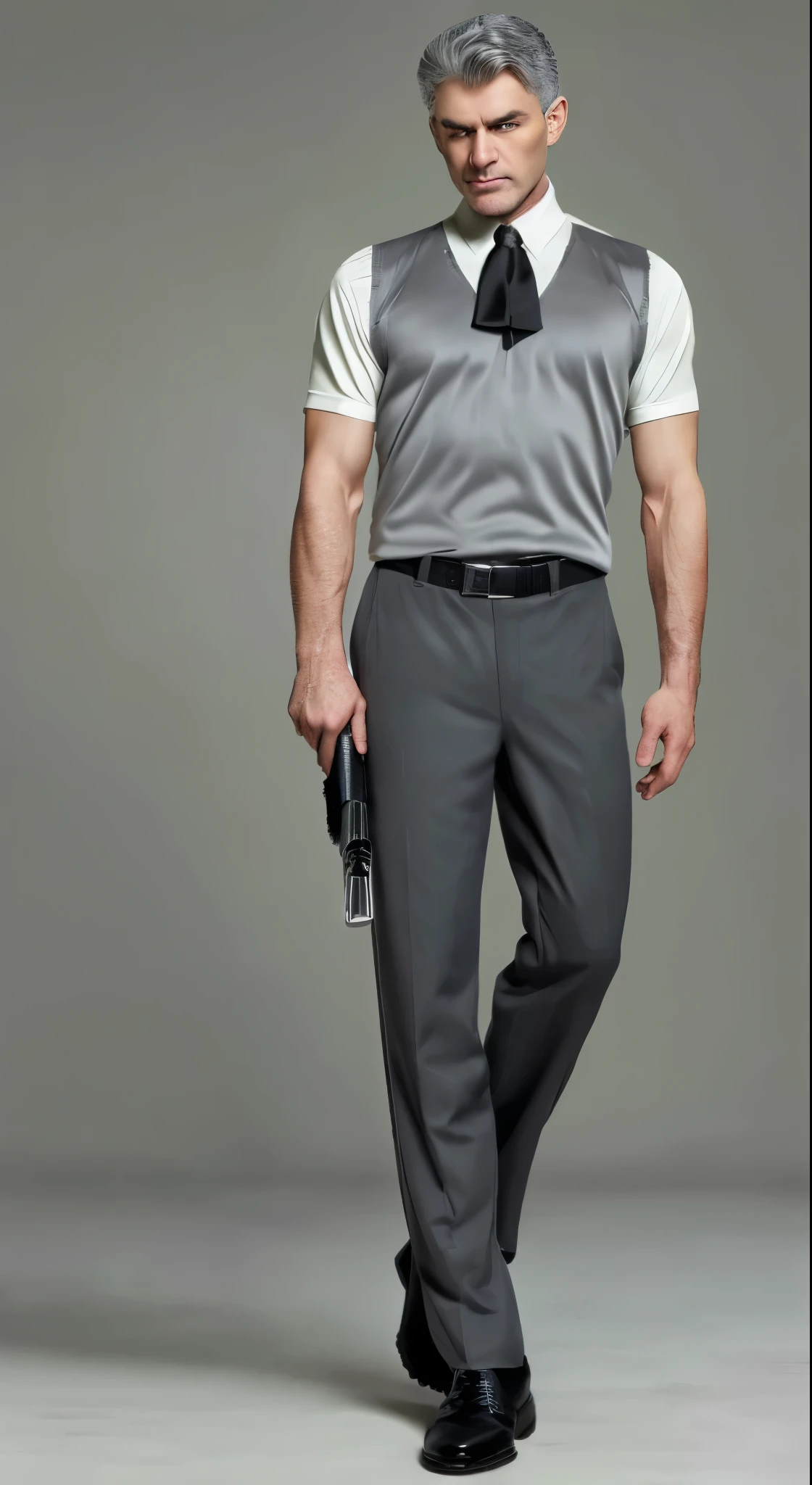 A man with a well-toned body, alone, He has a gun in his hand, Gray Hair, Moss green hair bundle, short hair, ((black and grey ballroom blouse, Black and grey long pants)), Black social shoes, Serious expression, Bright green eyes, ancient ruins, Black tie.