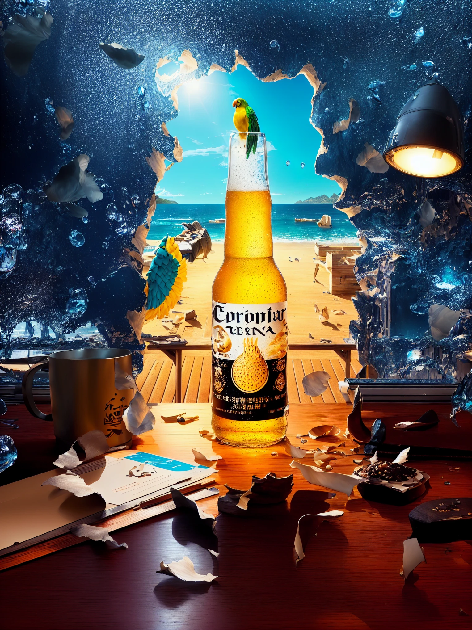 带有青柠片的beer瓶图片,There is a parrot behind the cave entrance,There is food on the table,The wall is a cardboard with holes,There are many water drops,render Corona, Corona render, Corona rendered, Corona renderer, Corona, poster of Corona virus, "Surrealism, "Surrealism”, Surrealism", rendered in Corona, Creative photo manipulation, beer, "Surreal, beer, Promotional Rendering, highly realistic concept art, Coronarender
