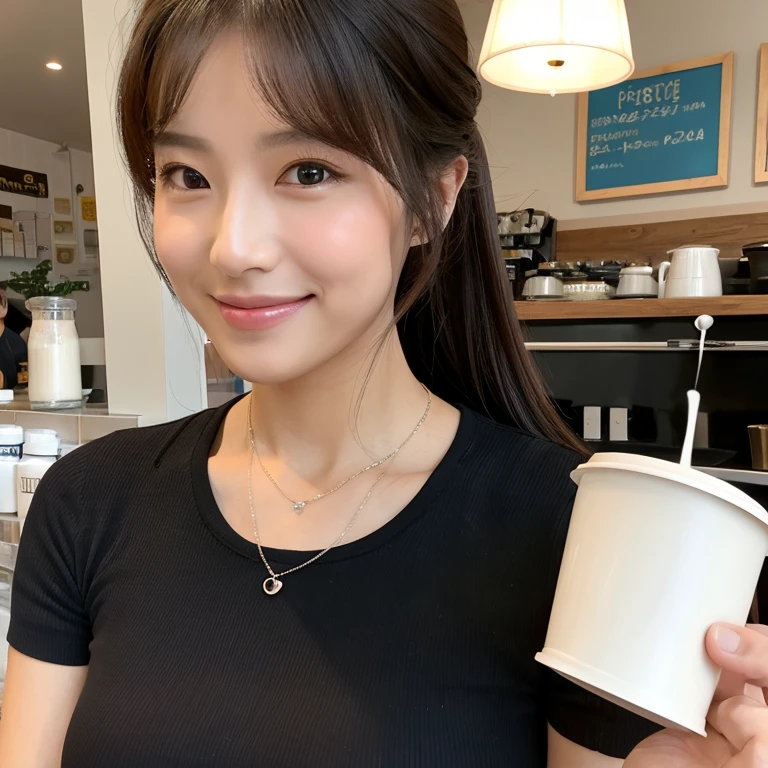 UHD, Close-up photo of a cute Korean woman, Looking straight ahead, sexy little smile,) Chest size 34 inches, ponytail, Wear a tight fitting t-shirt.,) necklace, Making coffee in a coffee shop 8k photo, Shot with a high quality Fuji 45 camera.,000,000 pixels warm light,) realistic light colors,)