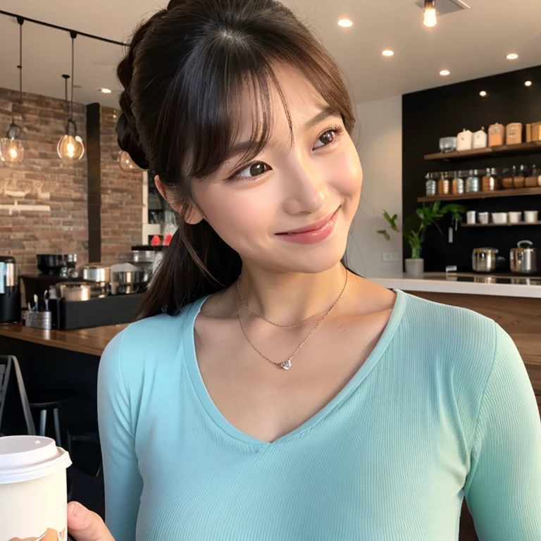 UHD, Close-up photo of a cute Korean woman, Looking straight ahead, sexy little smile,) Chest size 34 inches, ponytail, He was wearing a tight, dark blue t-shirt.,) There is a beautiful colored parrot on the shoulder.,)necklace, Making coffee in a coffee shop 8k photo, Shot with a high quality Fuji 45 camera.,000,000 pixels warm light,) realistic light colors,)