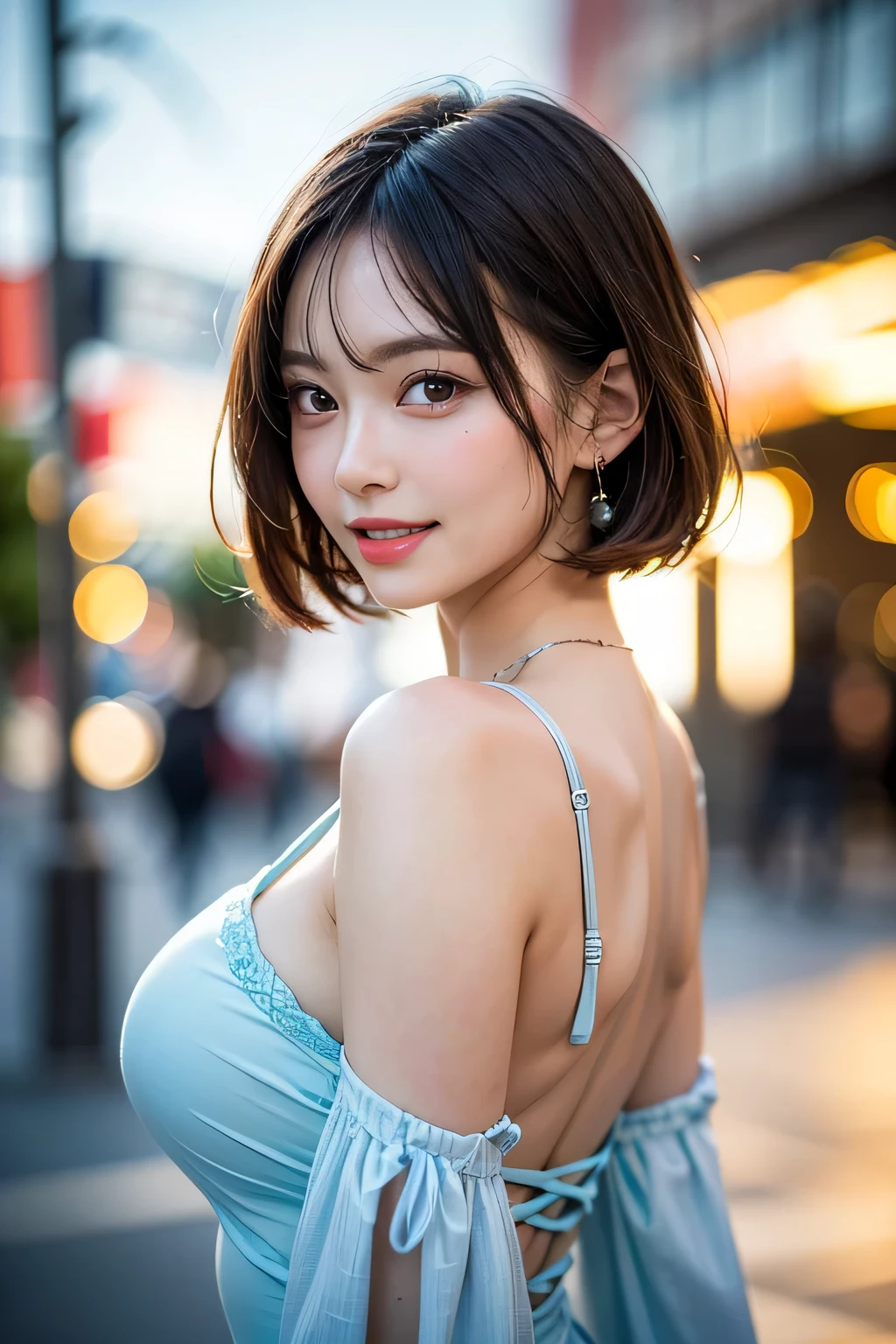 (8k, RAW Photos, highest quality, masterpiece, Realistic, Realistic), (1 female), (The ultimate beautiful middle-aged woman), Highly detailed face, (Perfect Teeth), Beautiful Eyes, double eyelid, eyelash, smile, Lip details, (Neat brunette bob), The light shines on your face, Big Breasts, ((Colorful mini dresses)), (front view), (background: none),  Background blur