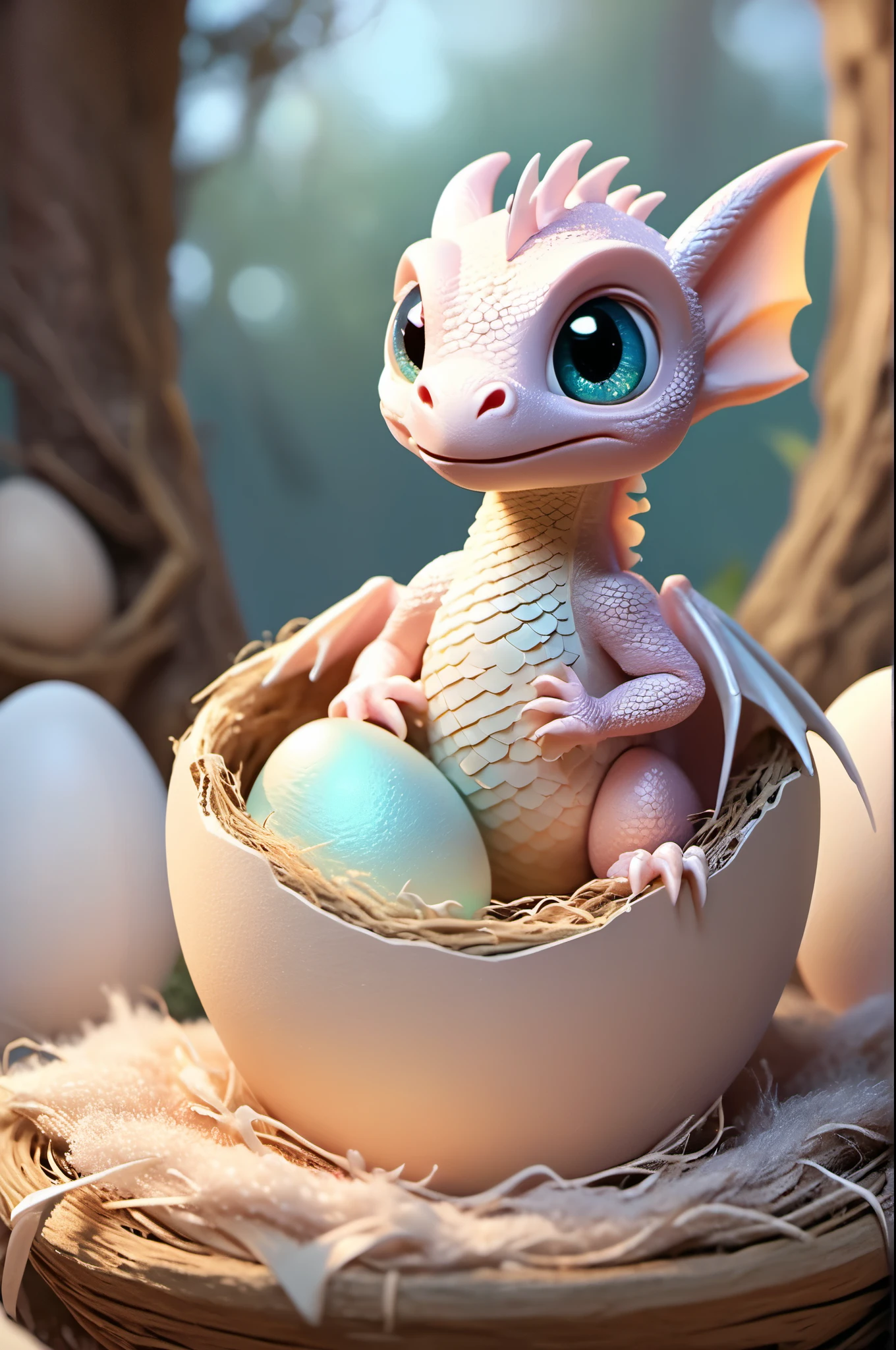 Tiny dragon, hatching from egg, wide-eyed curiosity, soft pastel colors, glittering eggshell pieces, cozy nest, gentle morning light, sparkling eyes, fluffy appearance, animated expressions, joyful discovery