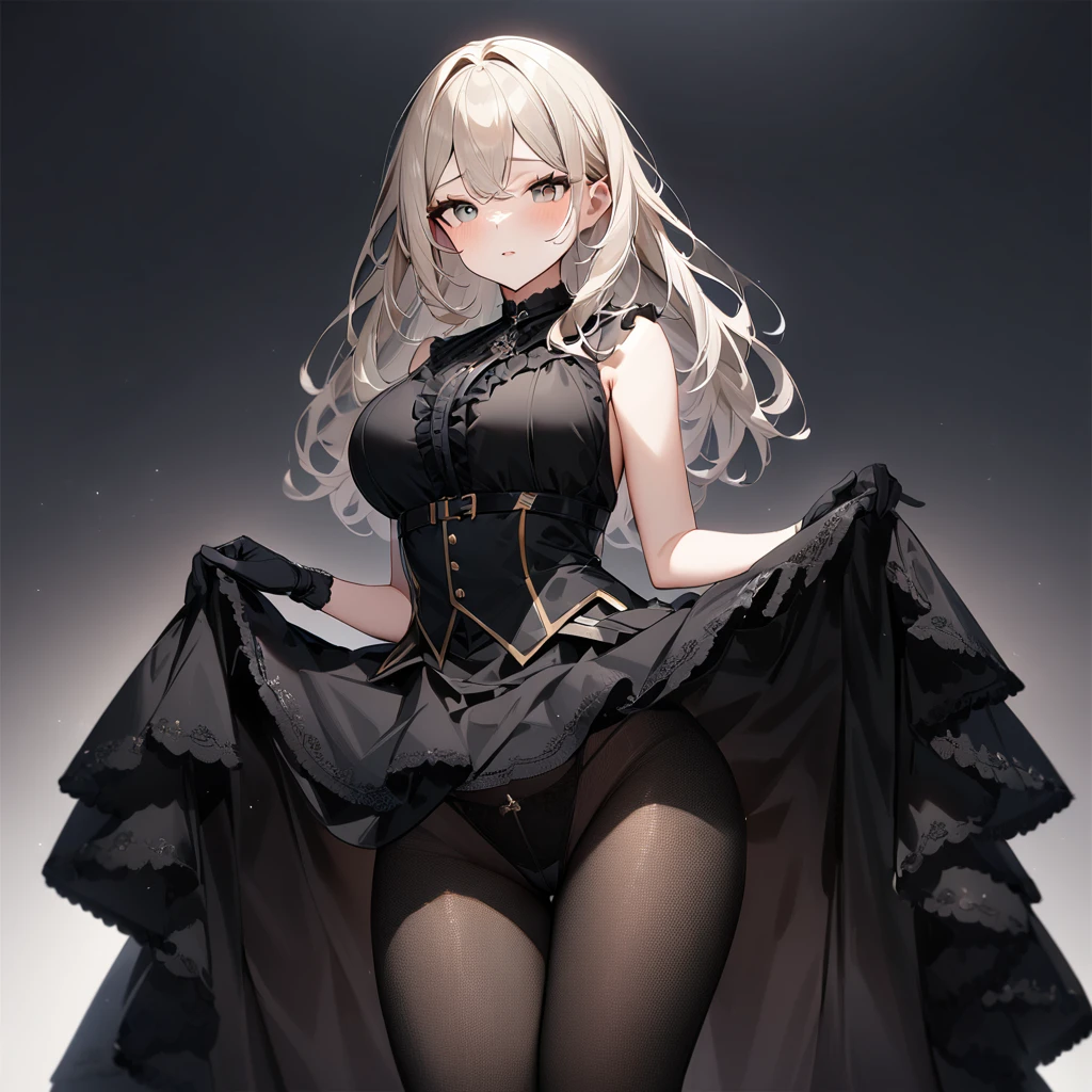 1 girl,best quality, very aesthetic,absurdres,looking at viewer,front view,Lovely lady,,skirt lift,high-grade,layer,westfrill,light hair,multilayer,blackcolor,trim,(Crisscross),breasts,upscale,Layered,yellow pale,blackglove,pantyhose,lovely,all black,Sleeveless,crotch,split up